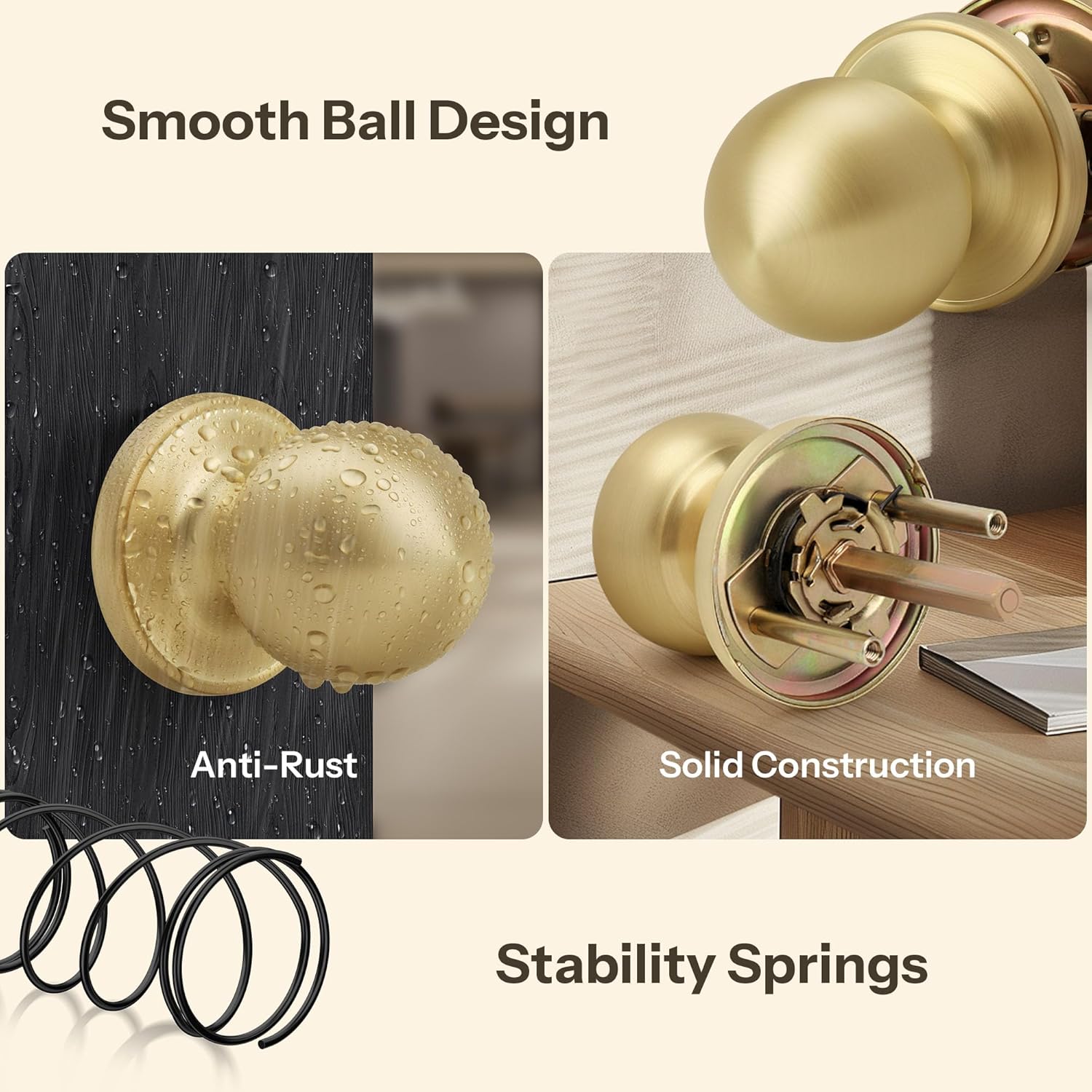 Satin Brass Round Passage Door Knob with Ball Design for Hallway/Closet, Non-Locking