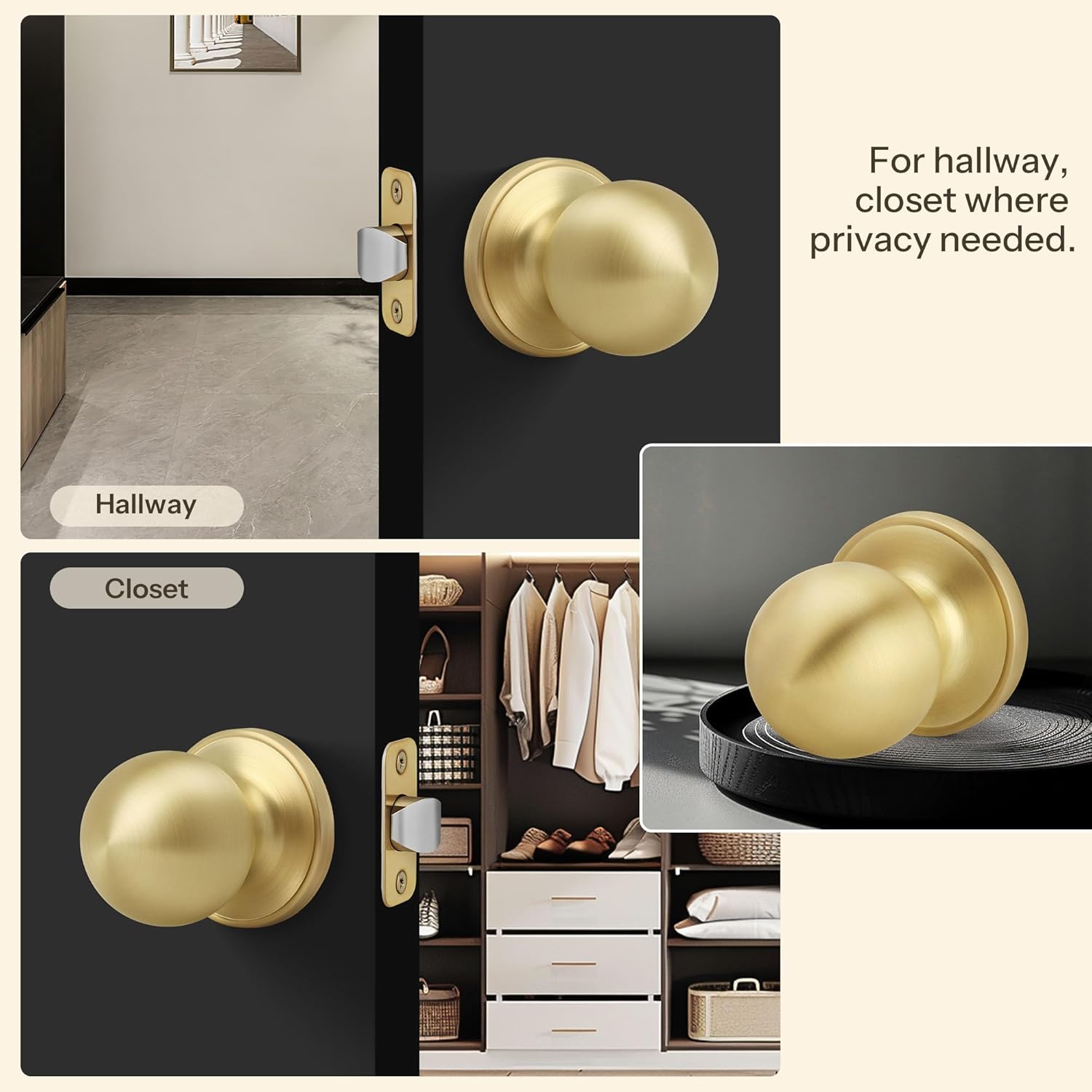 Satin Brass Round Passage Door Knob with Ball Design for Hallway/Closet, Non-Locking