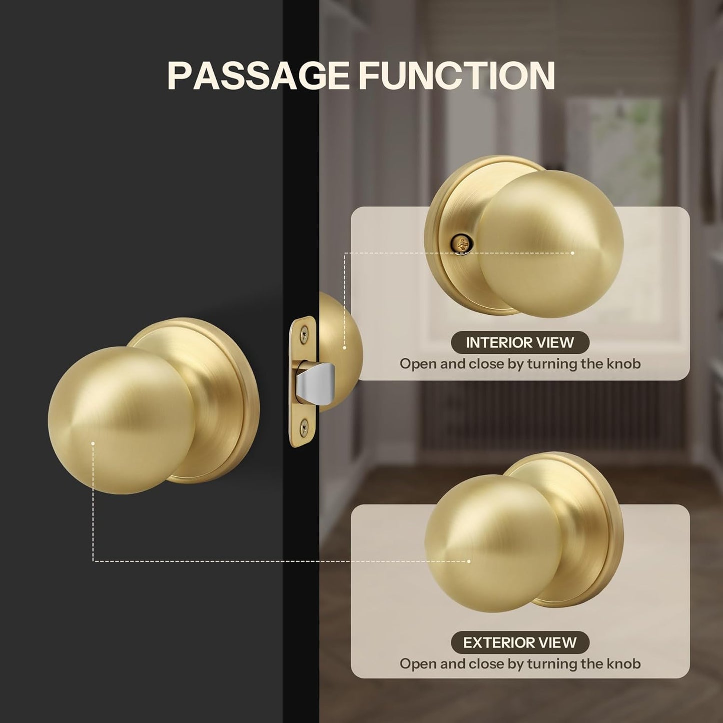 Satin Brass Round Passage Door Knob with Ball Design for Hallway/Closet, Non-Locking