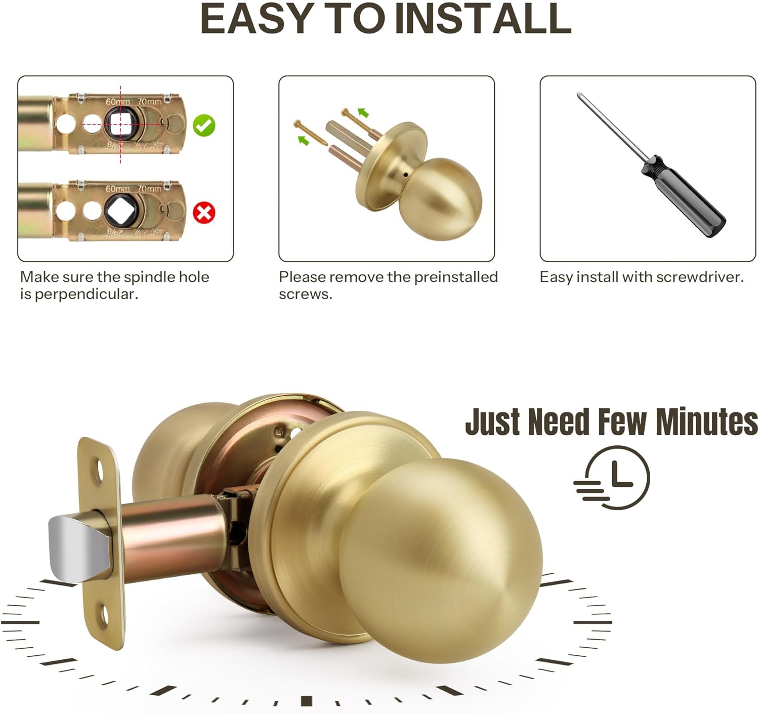 Satin Brass Round Passage Door Knob with Ball Design for Hallway/Closet, Non-Locking