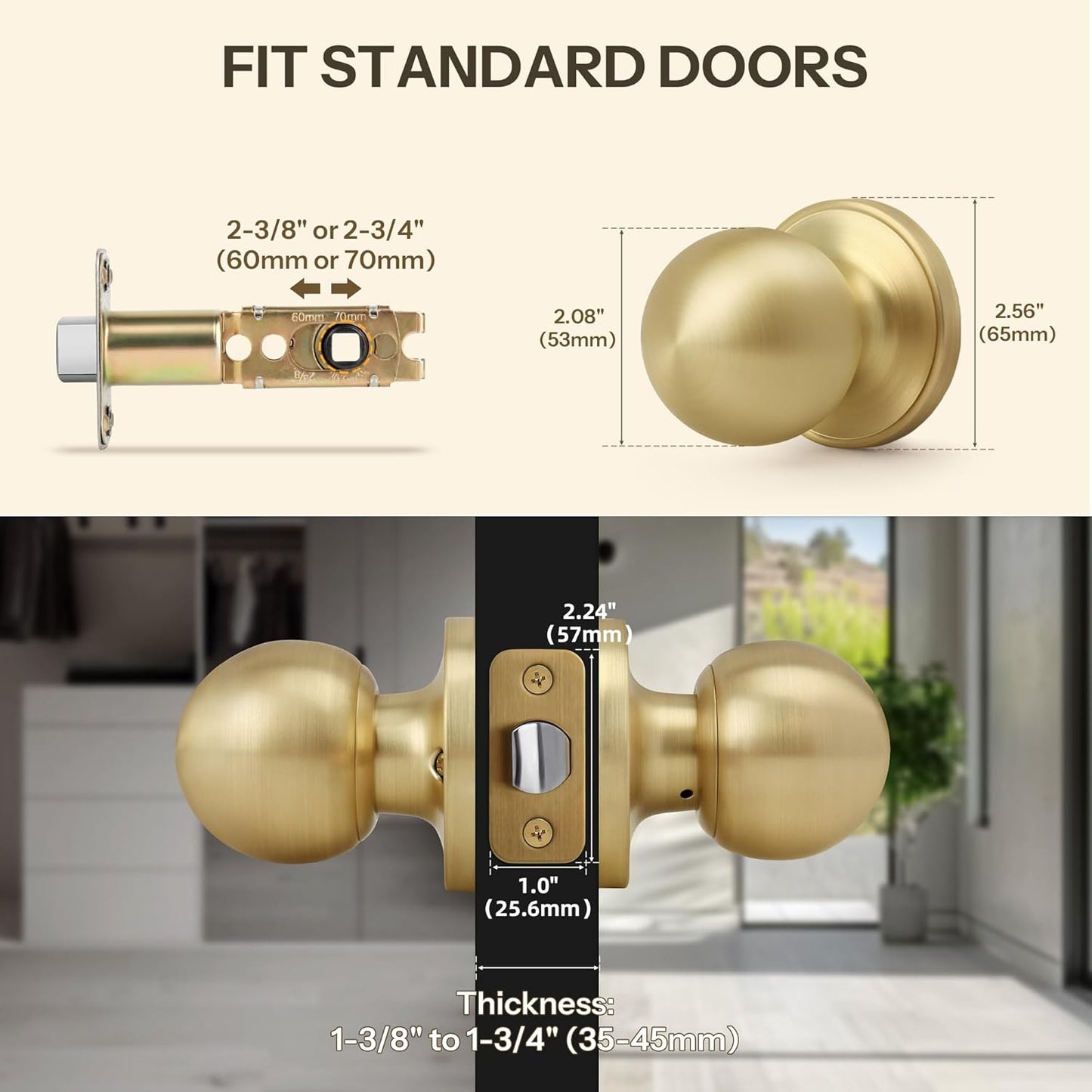 Satin Brass Round Passage Door Knob with Ball Design for Hallway/Closet, Non-Locking