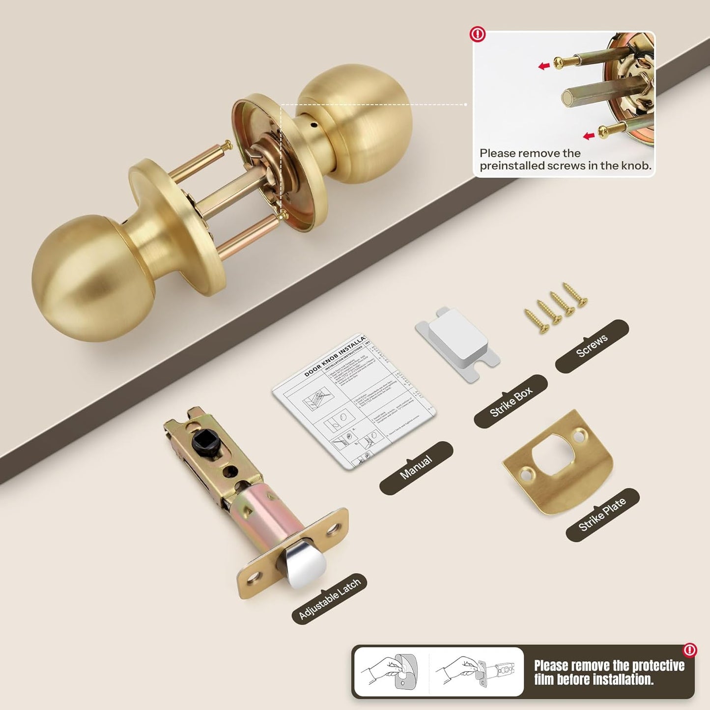 Satin Brass Round Passage Door Knob with Ball Design for Hallway/Closet, Non-Locking