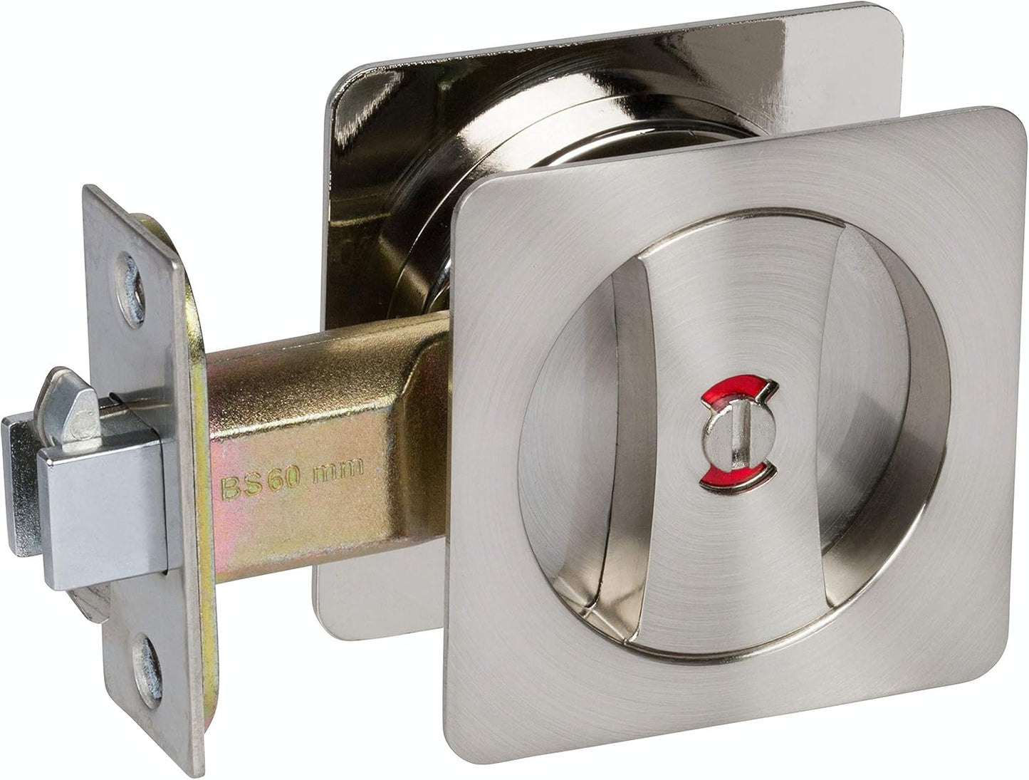 Satin Nickel Contemporary Privacy Square Pocket Door Lock with Edge Pulls and Color Coded Indicators - WildKart