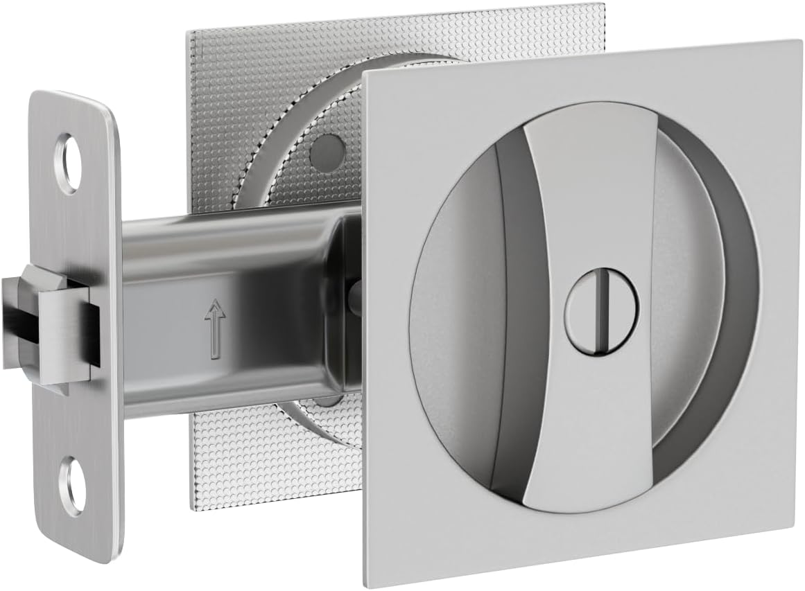 Satin Nickel Contemporary Privacy Square Pocket Door Lock - Silver Sliding Pocket Door Hardware (1 Pack) by Goldenwarm - WildKart