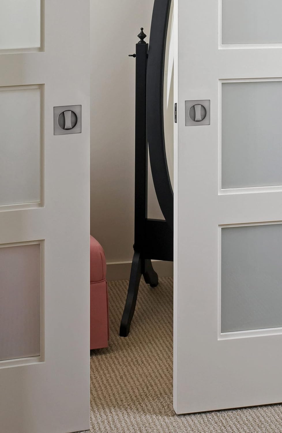 Satin Nickel Contemporary Privacy Square Pocket Door Lock - Silver Sliding Pocket Door Hardware (1 Pack) by Goldenwarm - WildKart