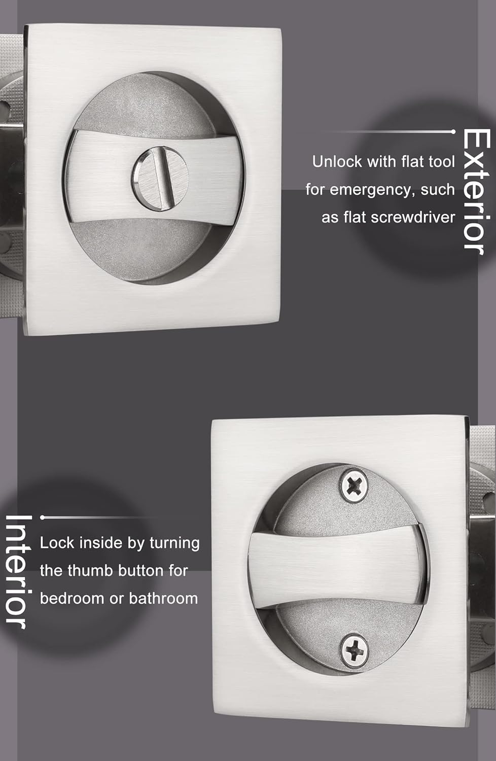 Satin Nickel Contemporary Privacy Square Pocket Door Lock - Silver Sliding Pocket Door Hardware (1 Pack) by Goldenwarm - WildKart