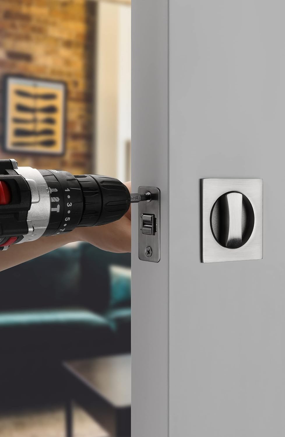 Satin Nickel Contemporary Privacy Square Pocket Door Lock - Silver Sliding Pocket Door Hardware (1 Pack) by Goldenwarm - WildKart