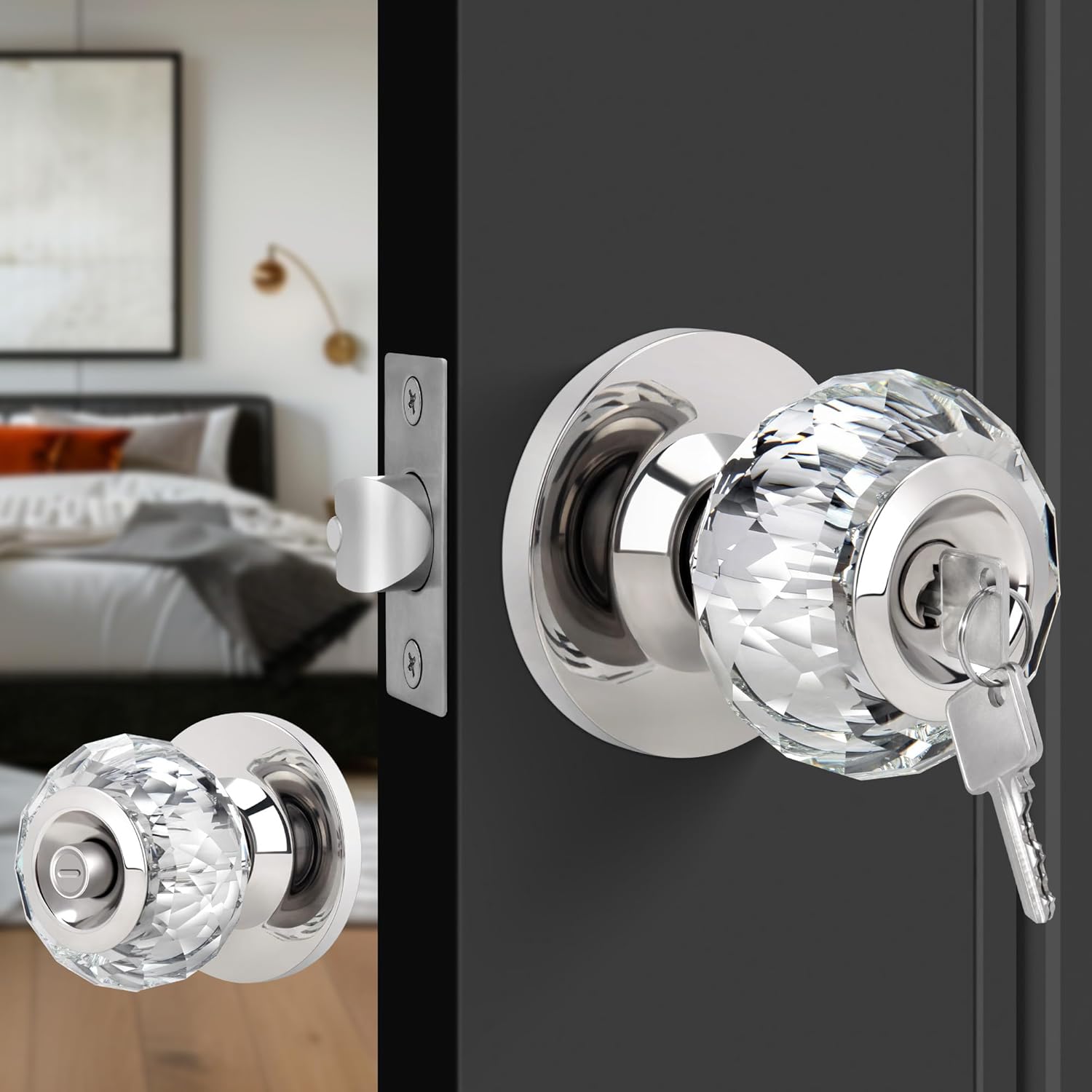 Satin Nickel Crystal Door Knob with Lock and Keys - Interior Glass Knob for Bedroom/Bathroom Privacy - Diamond Crystal Design