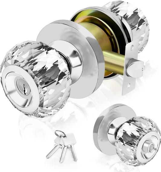 Satin Nickel Crystal Door Knob with Lock and Keys - Luxurious Diamond Glass Knob for Bedroom, Bathroom, Closet - Classic Interior Privacy Knob