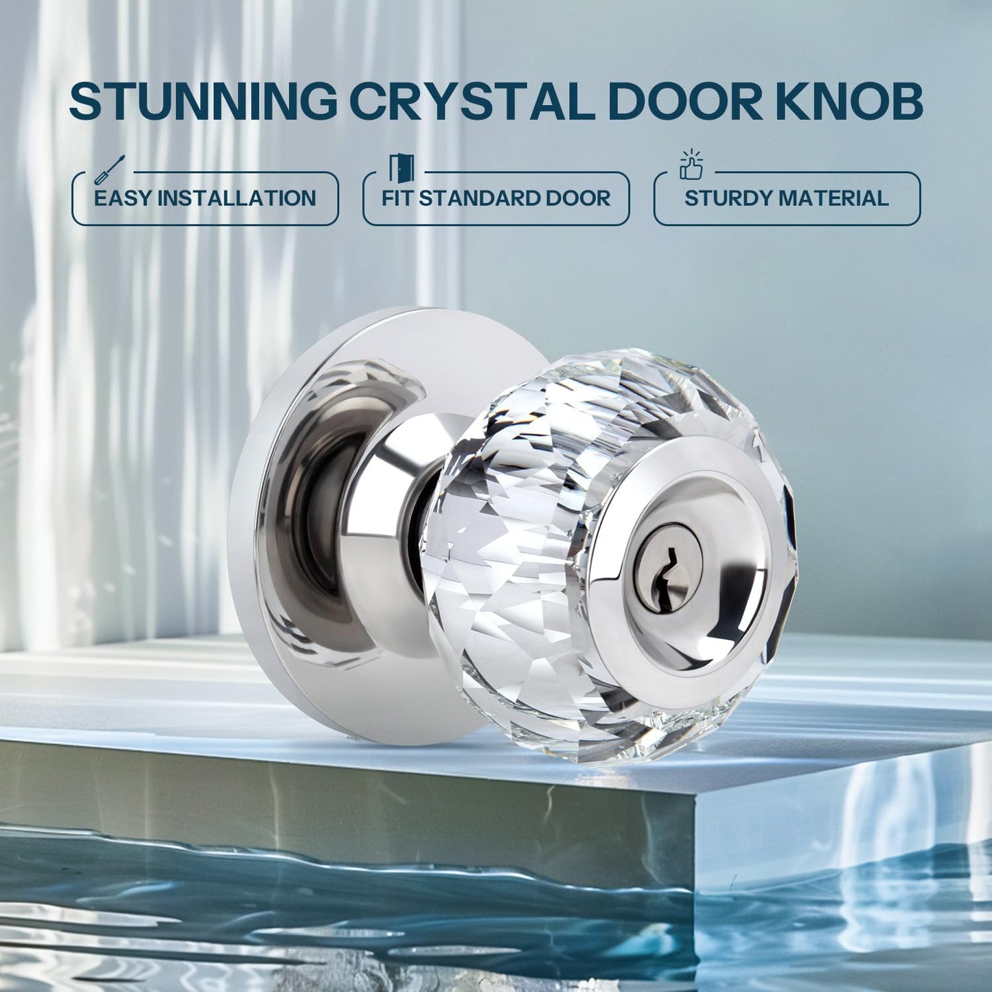 Satin Nickel Crystal Door Knob with Lock and Keys - Interior Glass Knob for Bedroom/Bathroom Privacy - Diamond Crystal Design