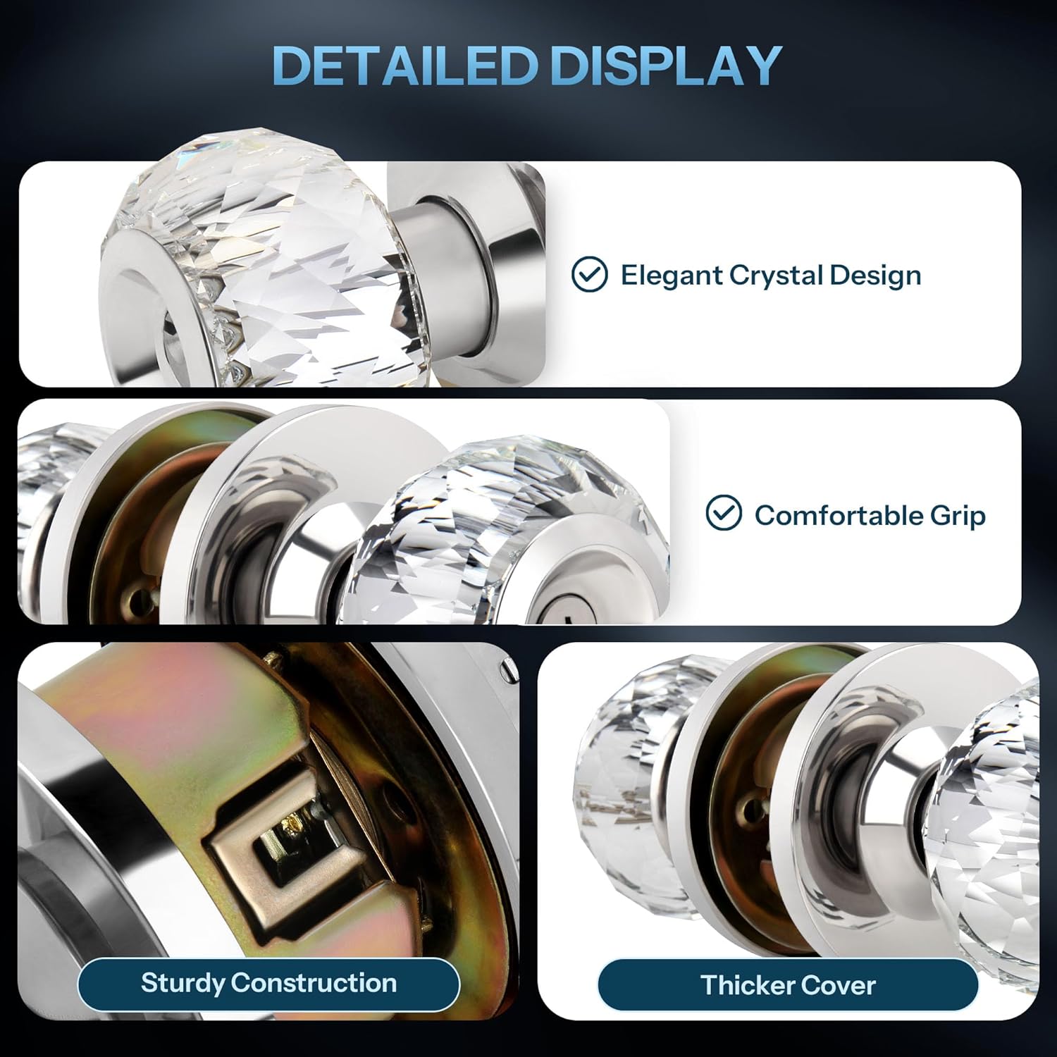 Satin Nickel Crystal Door Knob with Lock and Keys - Interior Glass Knob for Bedroom/Bathroom Privacy - Diamond Crystal Design