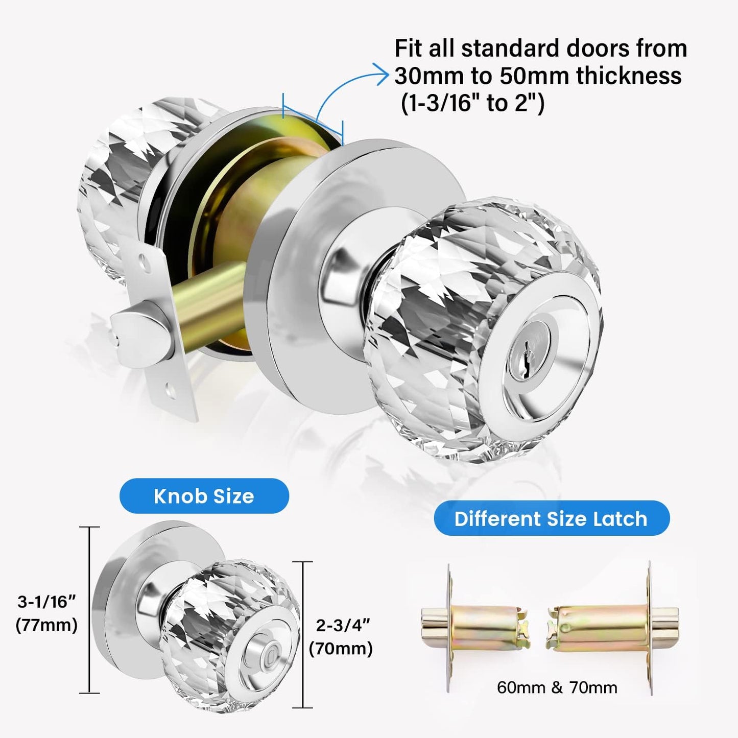 Satin Nickel Crystal Door Knob with Lock and Keys - Luxurious Diamond Glass Knob for Bedroom, Bathroom, Closet - Classic Interior Privacy Knob