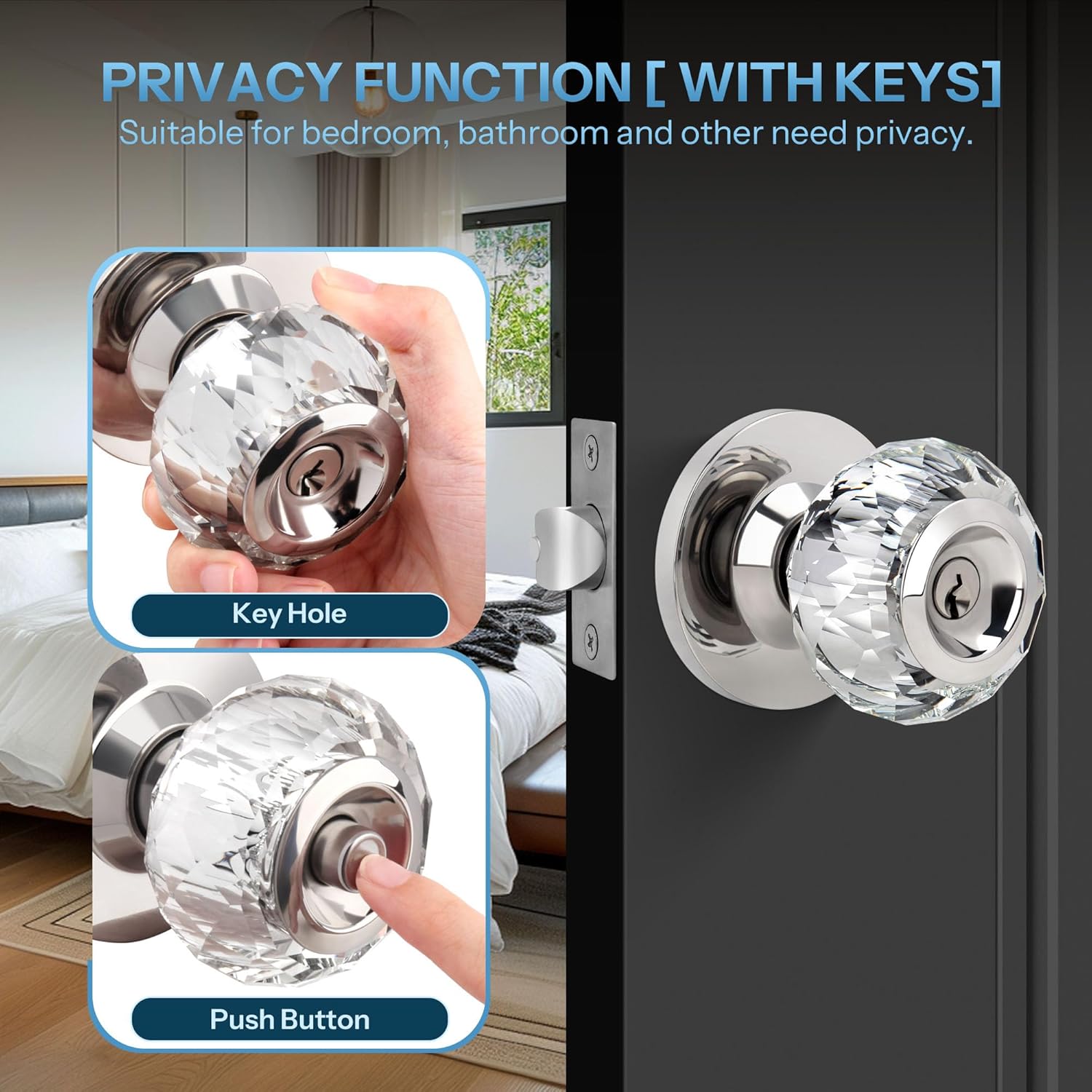 Satin Nickel Crystal Door Knob with Lock and Keys - Interior Glass Knob for Bedroom/Bathroom Privacy - Diamond Crystal Design