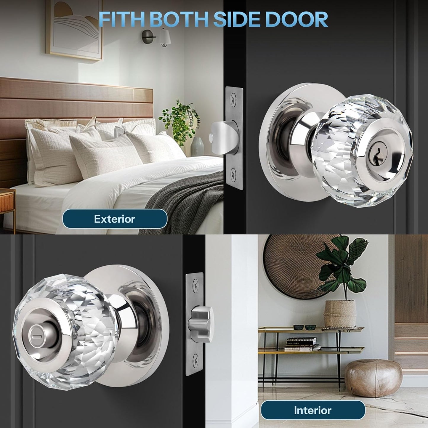Satin Nickel Crystal Door Knob with Lock and Keys - Interior Glass Knob for Bedroom/Bathroom Privacy - Diamond Crystal Design
