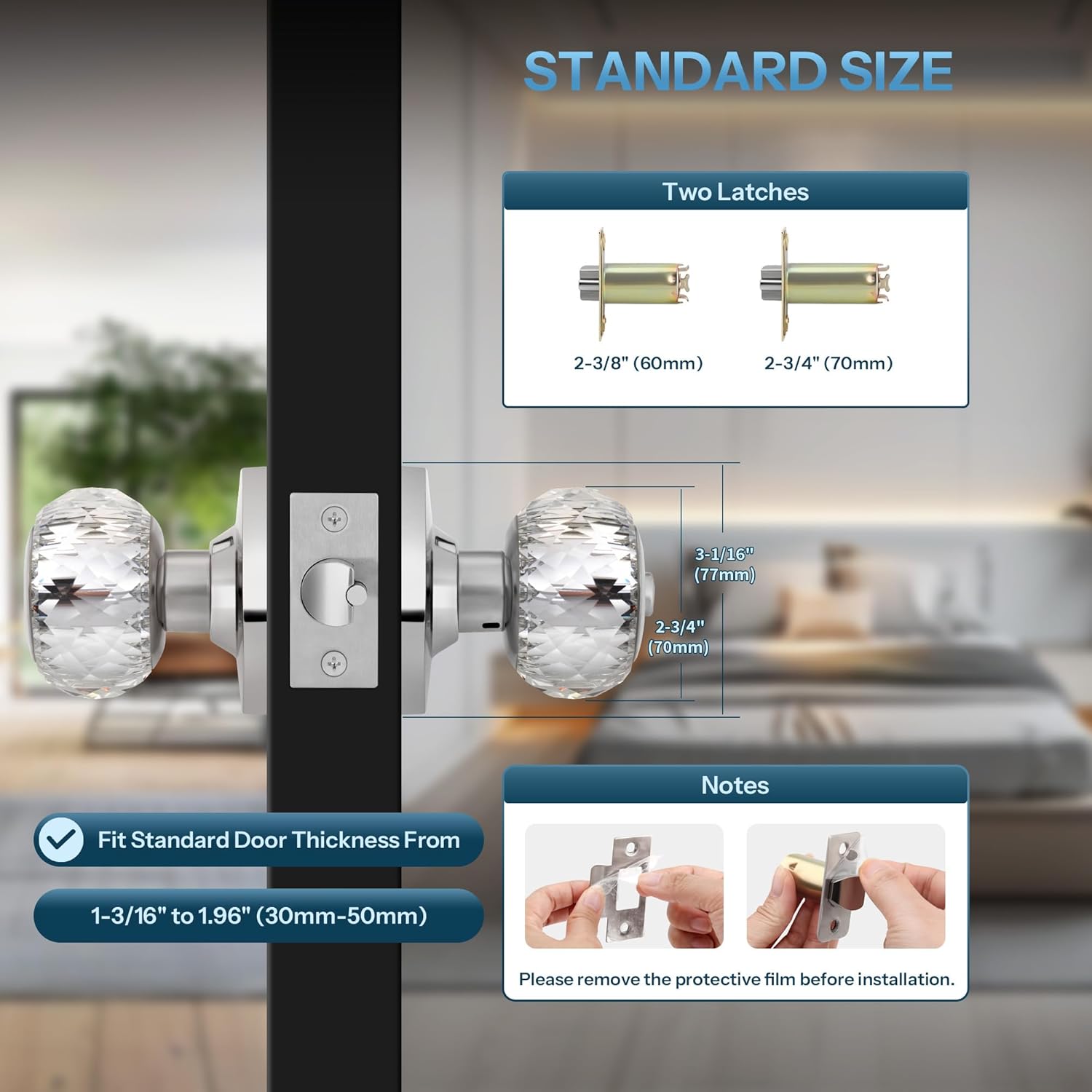 Satin Nickel Crystal Door Knob with Lock and Keys - Interior Glass Knob for Bedroom/Bathroom Privacy - Diamond Crystal Design