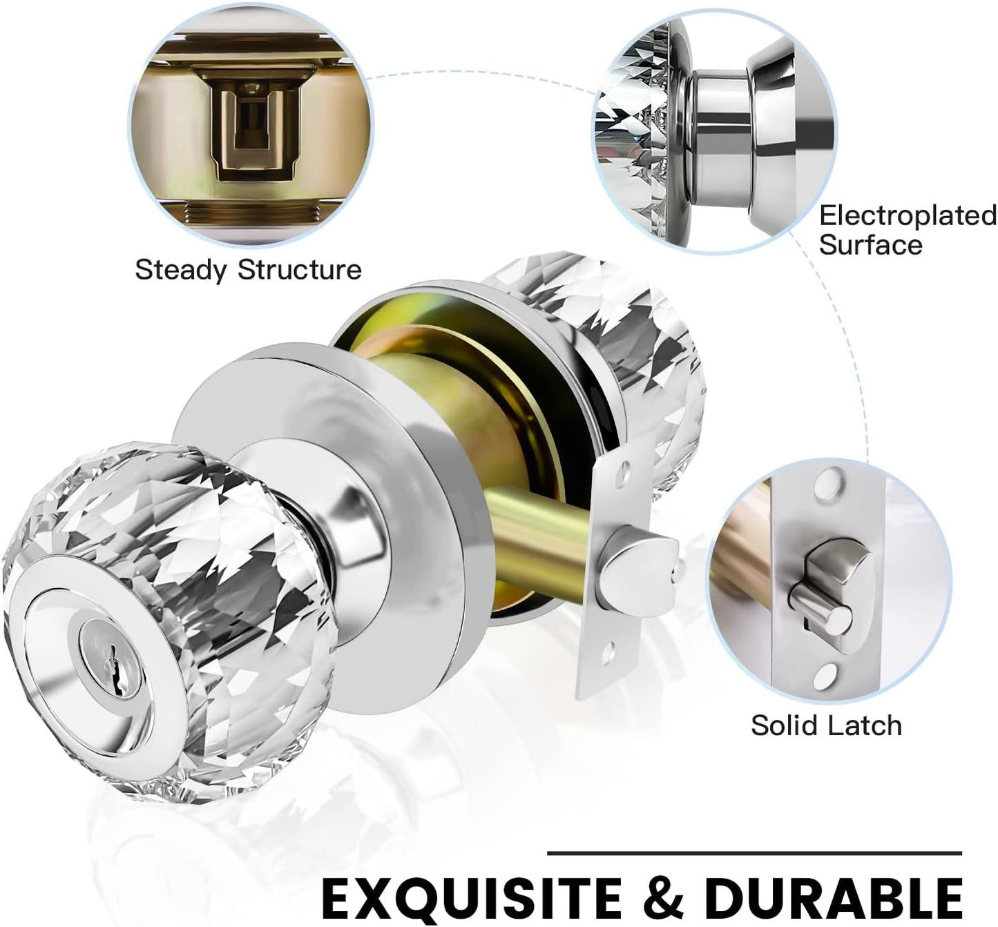 Satin Nickel Crystal Door Knob with Lock and Keys - Luxurious Diamond Glass Knob for Bedroom, Bathroom, Closet - Classic Interior Privacy Knob