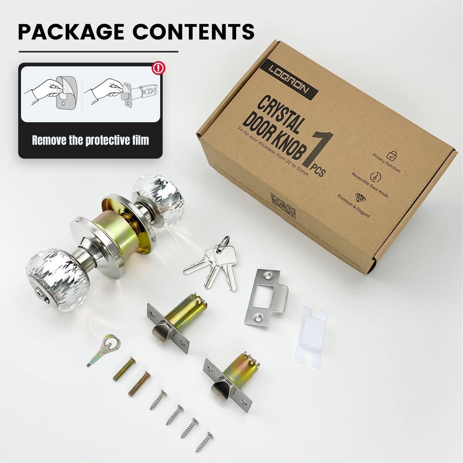 Satin Nickel Crystal Door Knob with Lock and Keys - Luxurious Diamond Glass Knob for Bedroom, Bathroom, Closet - Classic Interior Privacy Knob