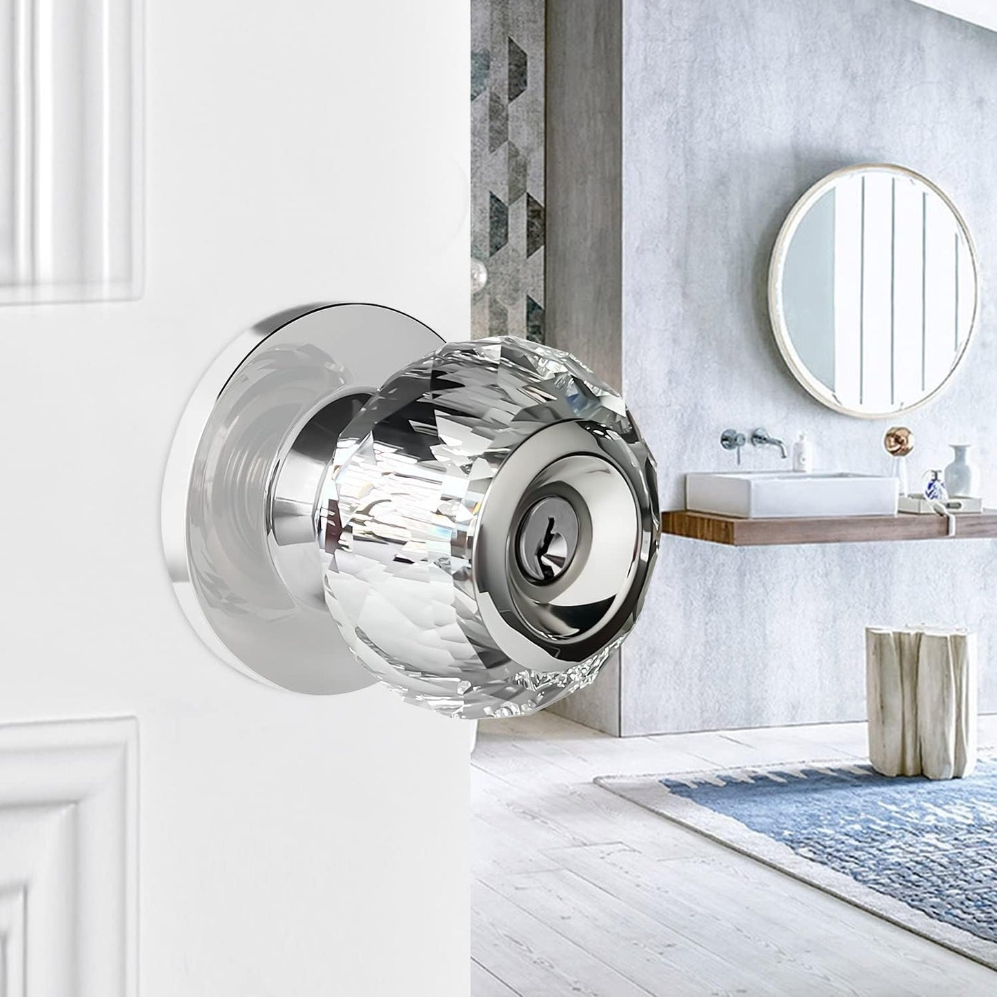 Satin Nickel Crystal Door Knob with Lock and Keys - Luxurious Diamond Glass Knob for Bedroom, Bathroom, Closet - Classic Interior Privacy Knob