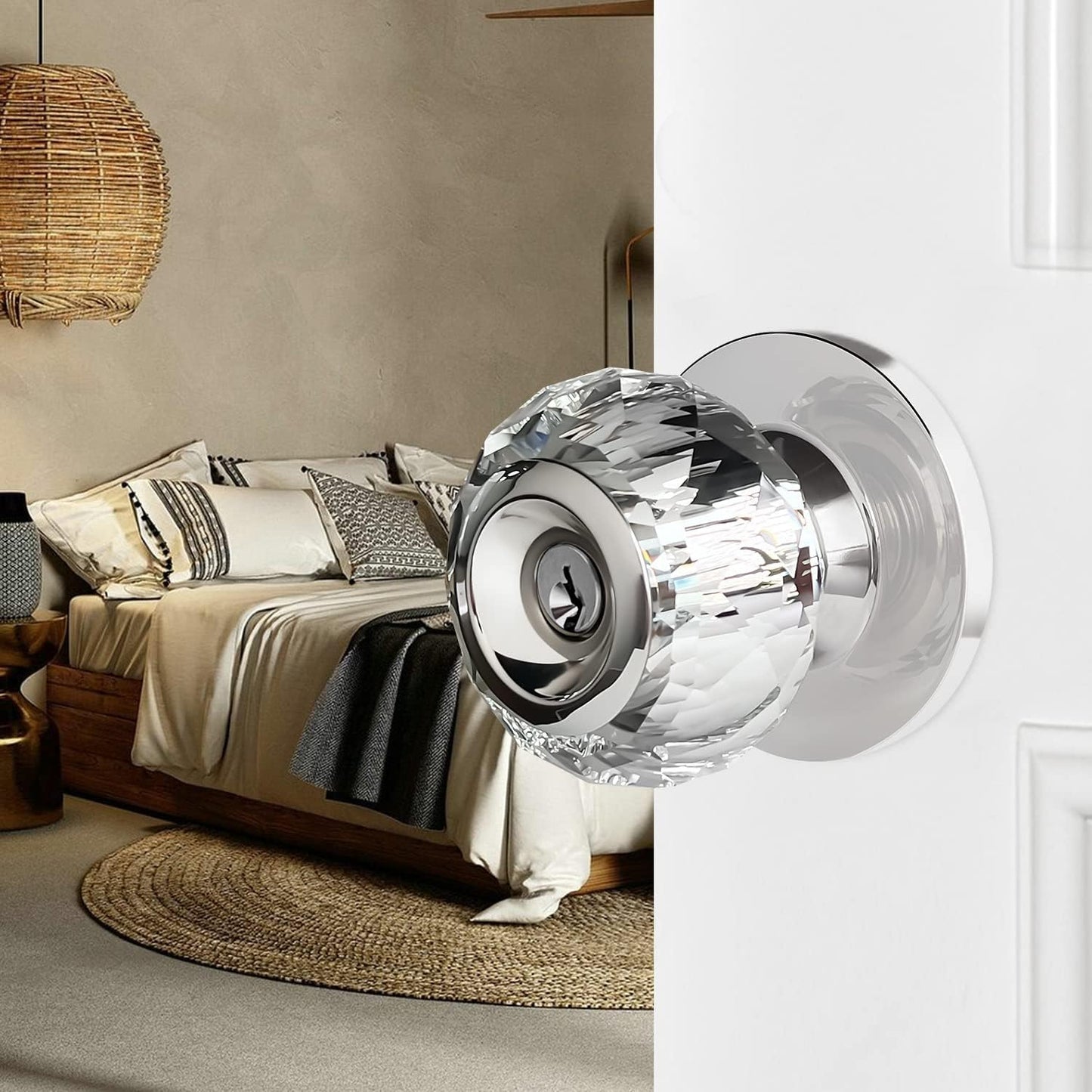 Satin Nickel Crystal Door Knob with Lock and Keys - Luxurious Diamond Glass Knob for Bedroom, Bathroom, Closet - Classic Interior Privacy Knob