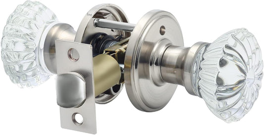 Satin Nickel Crystal Glass Door Knobs with Lock for Interior Doors