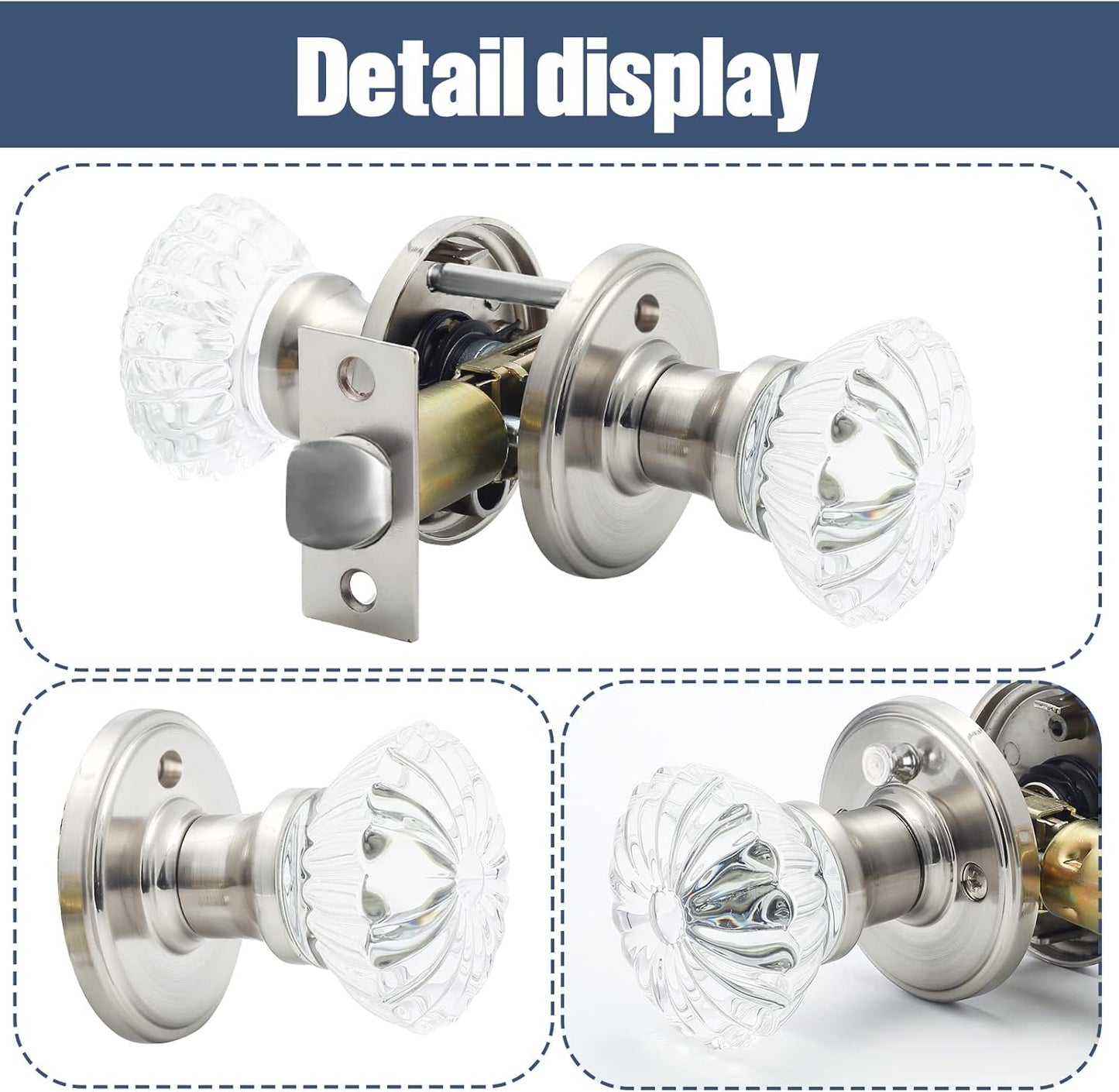 Satin Nickel Crystal Glass Door Knobs with Lock for Interior Doors