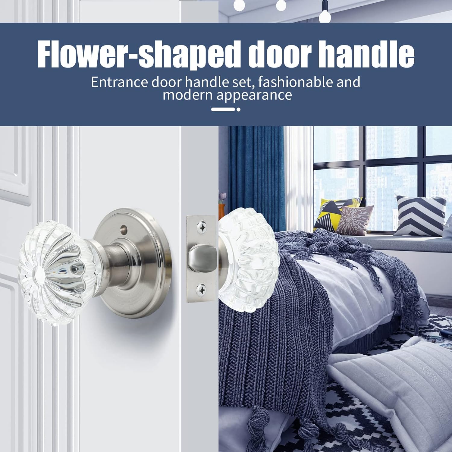 Satin Nickel Crystal Glass Door Knobs with Lock for Interior Doors