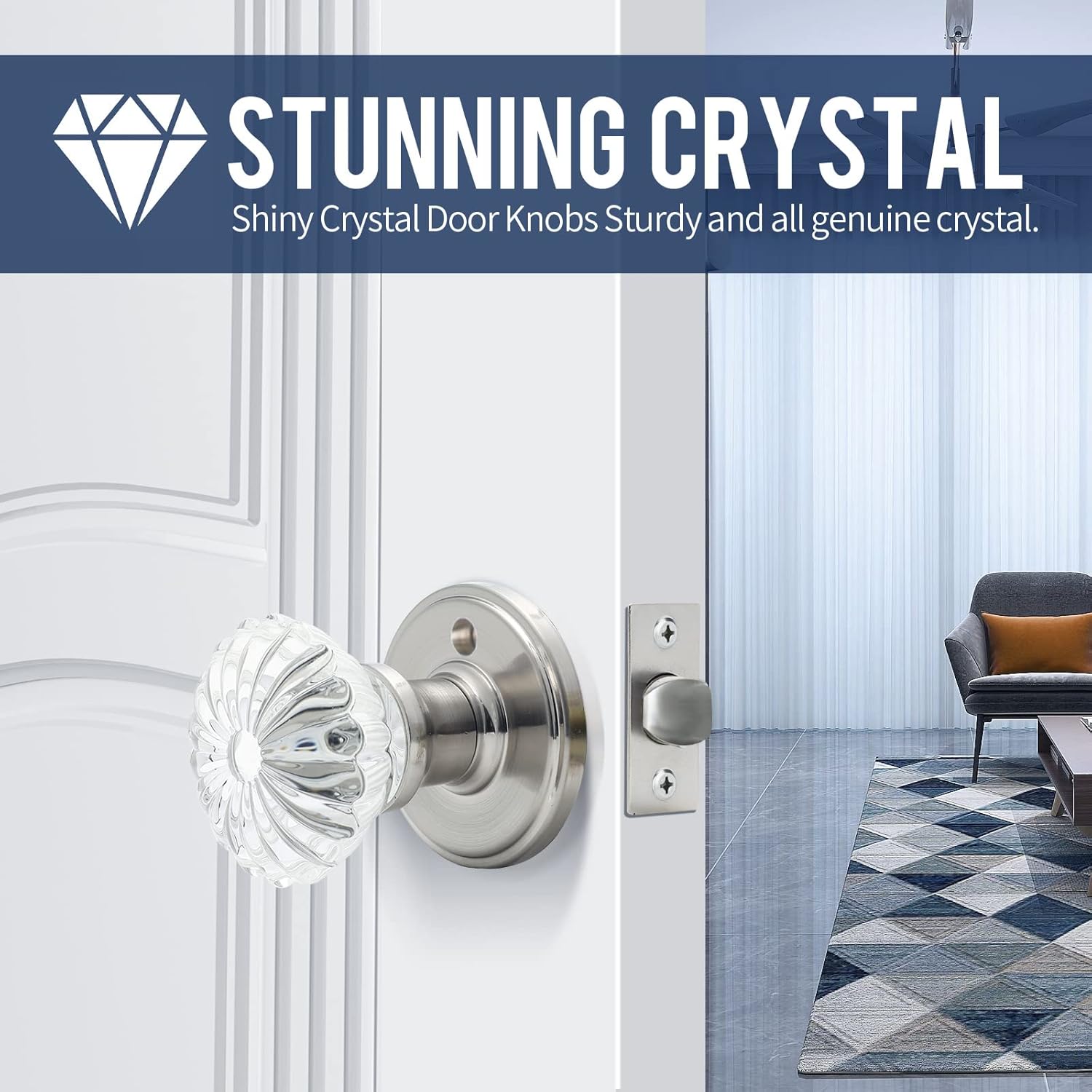 Satin Nickel Crystal Glass Door Knobs with Lock for Interior Doors