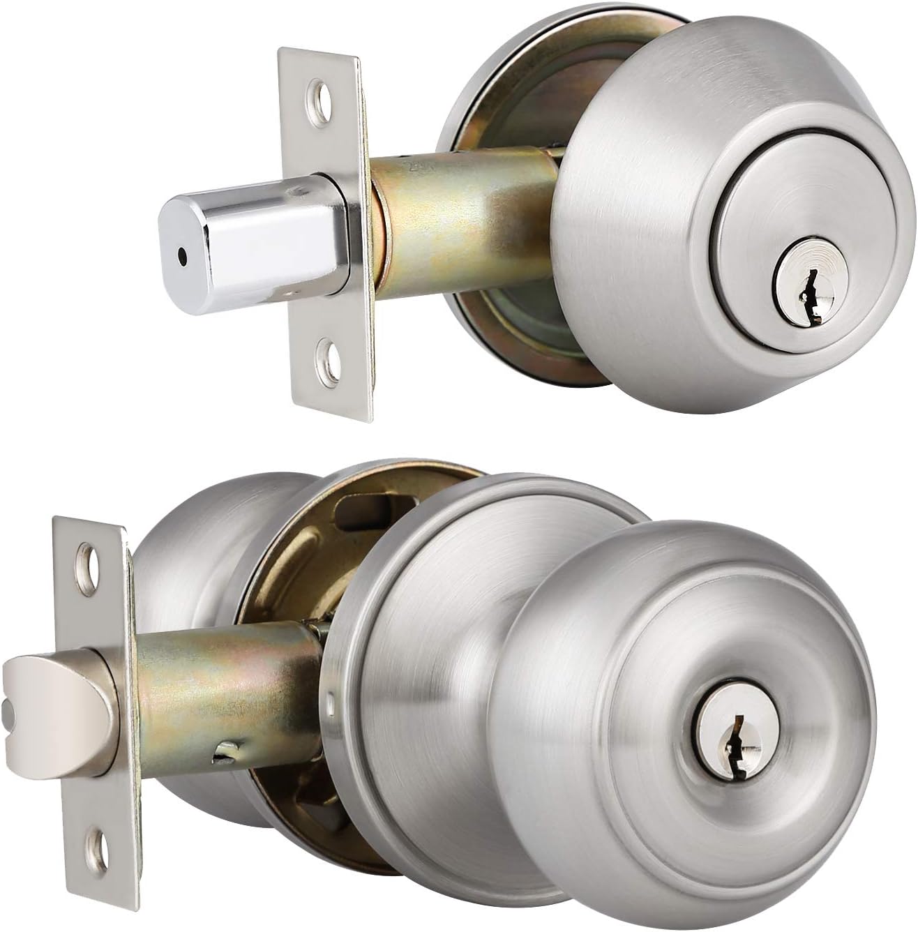 Satin Nickel Entry Door Knob and Deadbolt Combo Pack Set - Keyed Alike - Home Improvement Direct