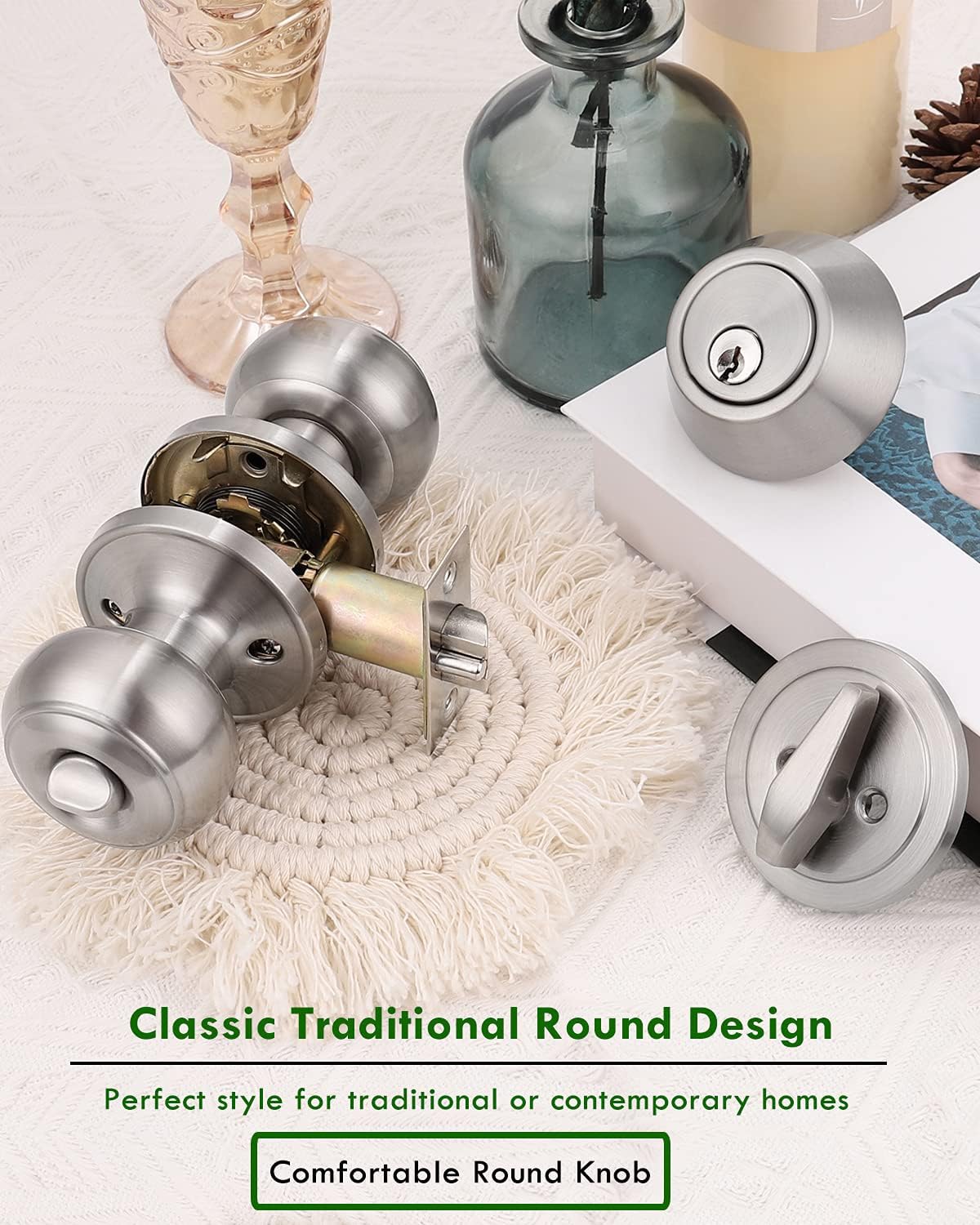 Satin Nickel Entry Door Knob and Deadbolt Combo Pack Set - Keyed Alike - Home Improvement Direct