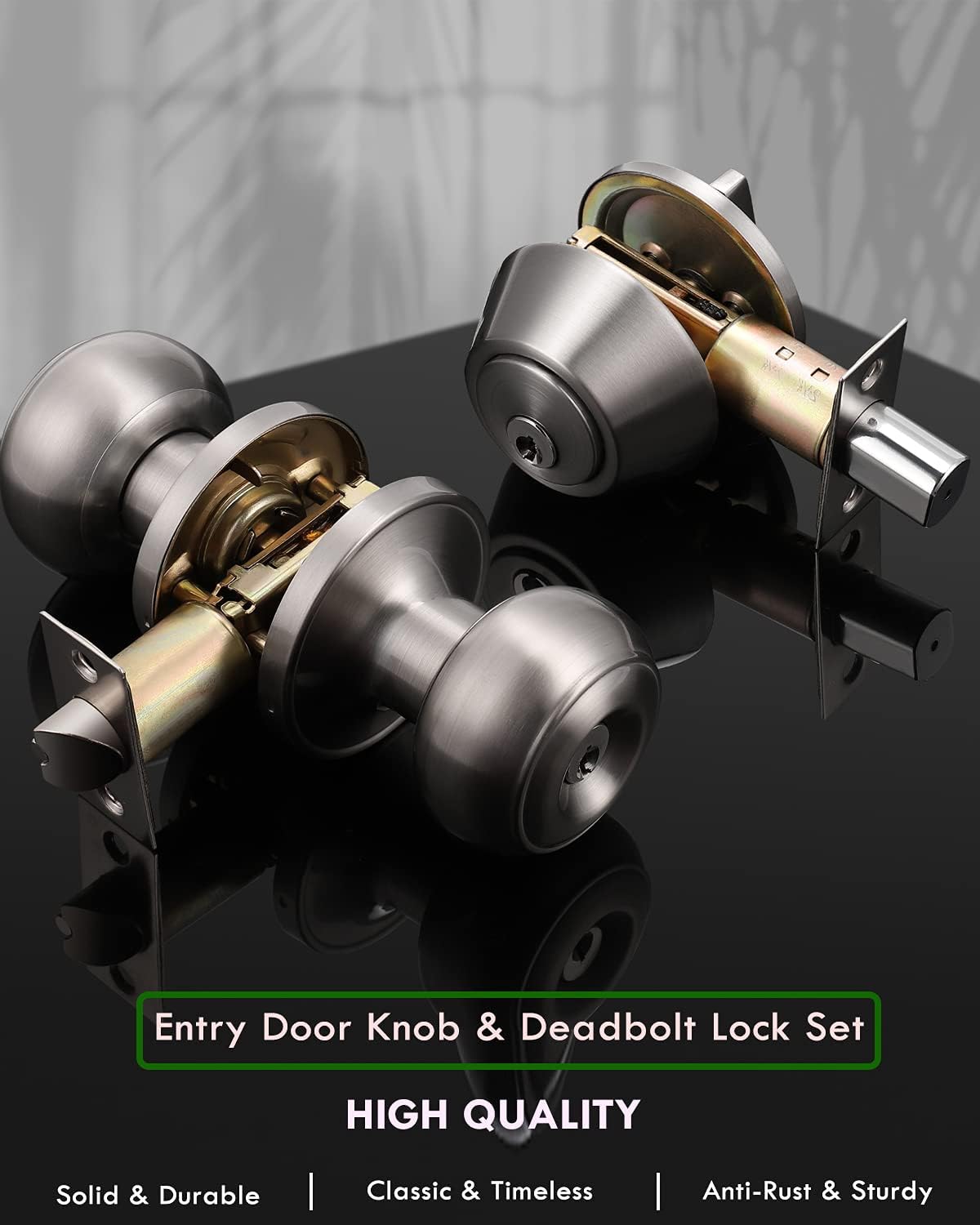Satin Nickel Entry Door Knob and Deadbolt Combo Pack Set - Keyed Alike - Home Improvement Direct