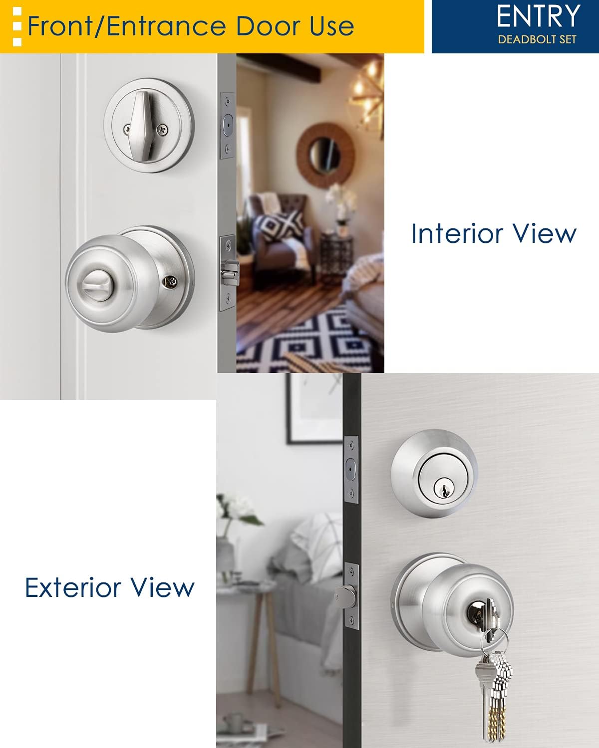 Satin Nickel Entry Door Knob and Deadbolt Combo Pack Set - Keyed Alike - Home Improvement Direct