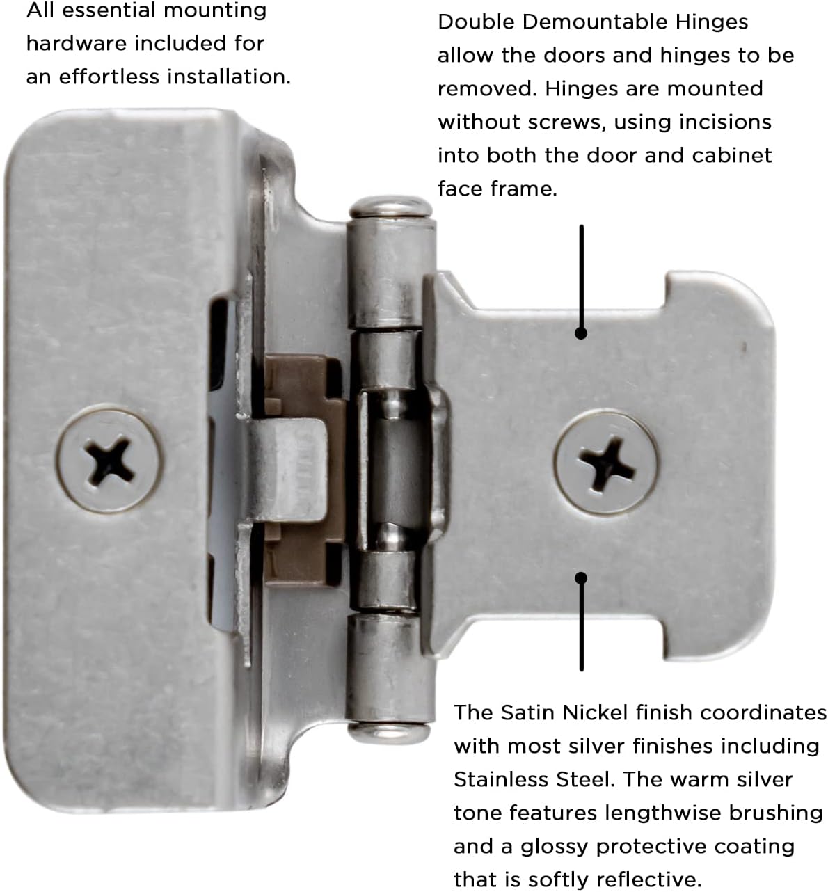 Satin Nickel Finish Double Demountable Hinge with 170° Opening - Easy Installation & Self-Closing Feature - 1/2 Inch Overlay - Cabinet Hardware - WildKart