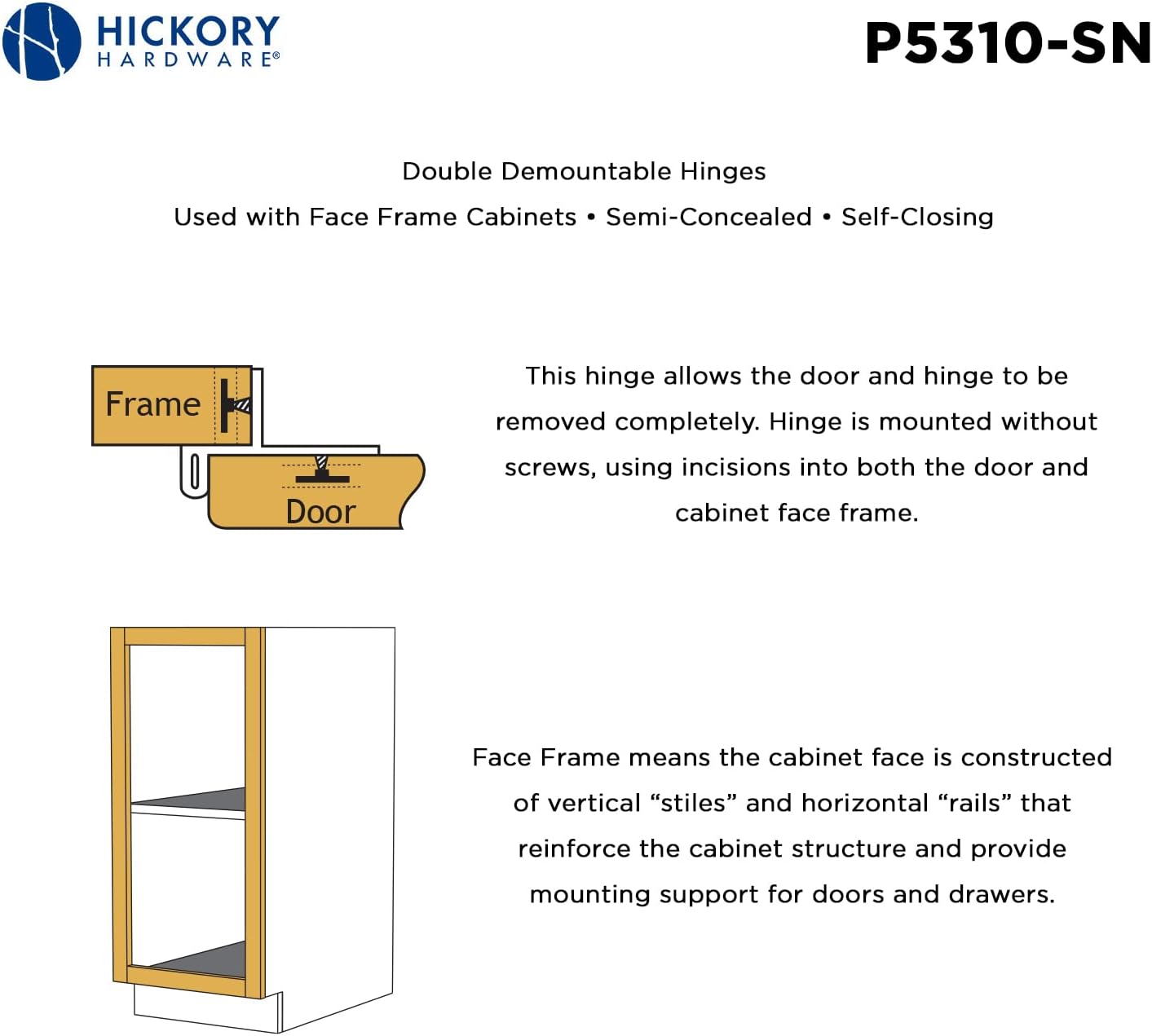 Satin Nickel Finish Double Demountable Hinge with 170° Opening - Easy Installation & Self-Closing Feature - 1/2 Inch Overlay - Cabinet Hardware - WildKart