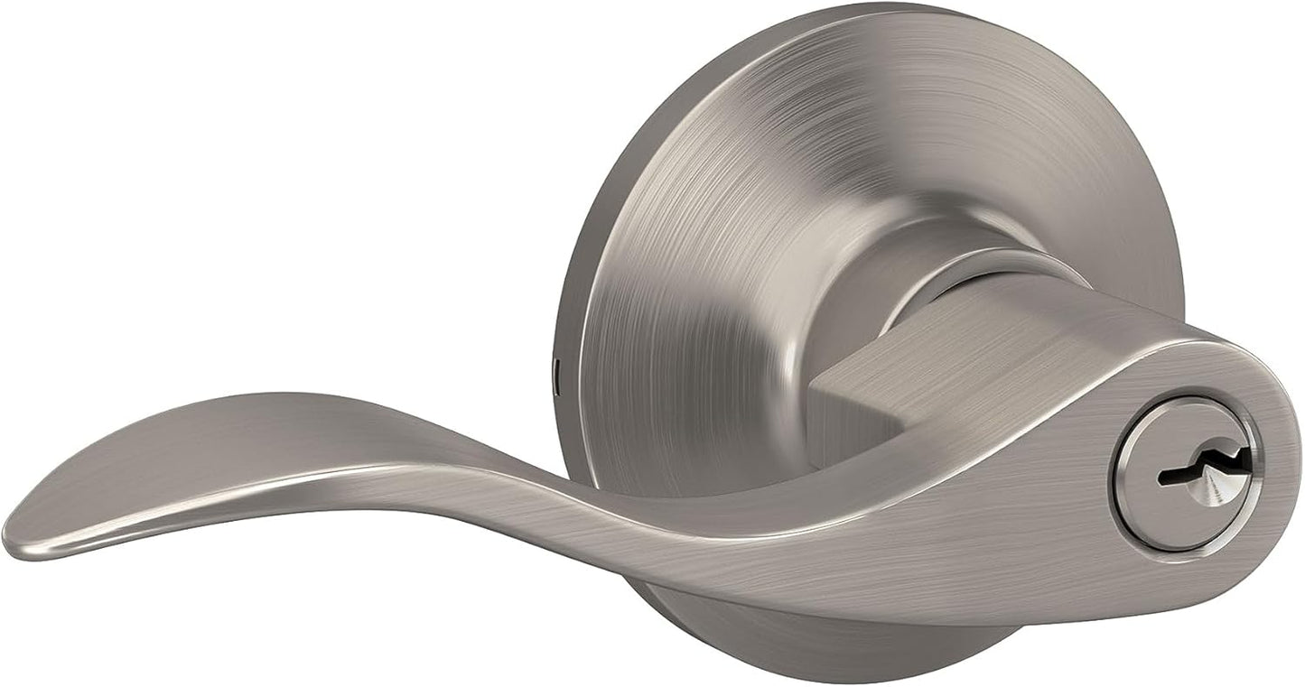 Satin Nickel Finish Keyed Entry Door Handle with Round Trim - Lock Scout Wave Lever