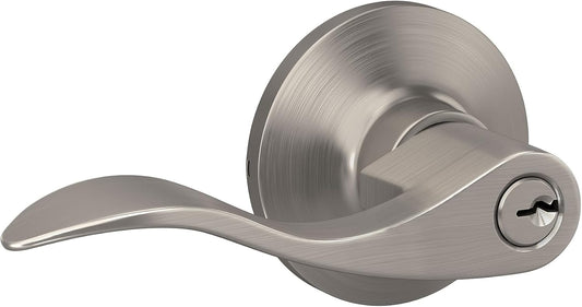 Satin Nickel Finish Keyed Entry Door Handle with Round Trim - Lock Scout Wave Lever