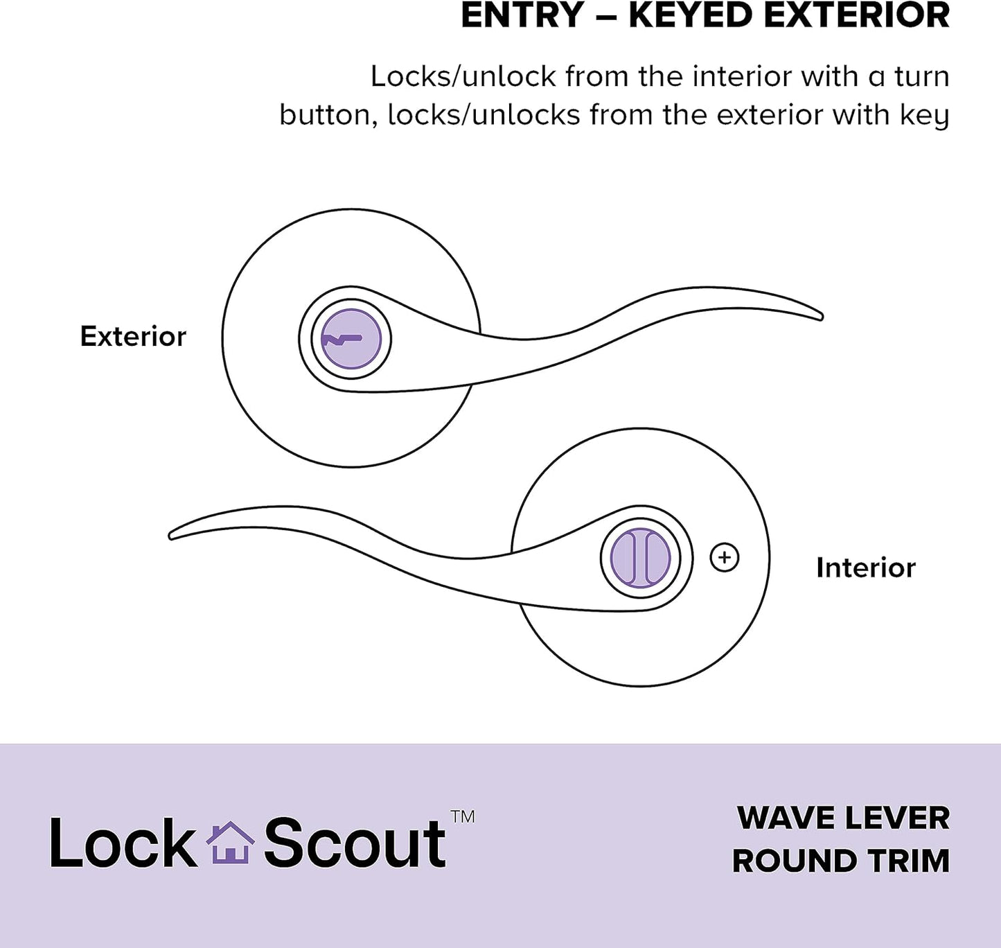 Satin Nickel Finish Keyed Entry Door Handle with Round Trim - Lock Scout Wave Lever