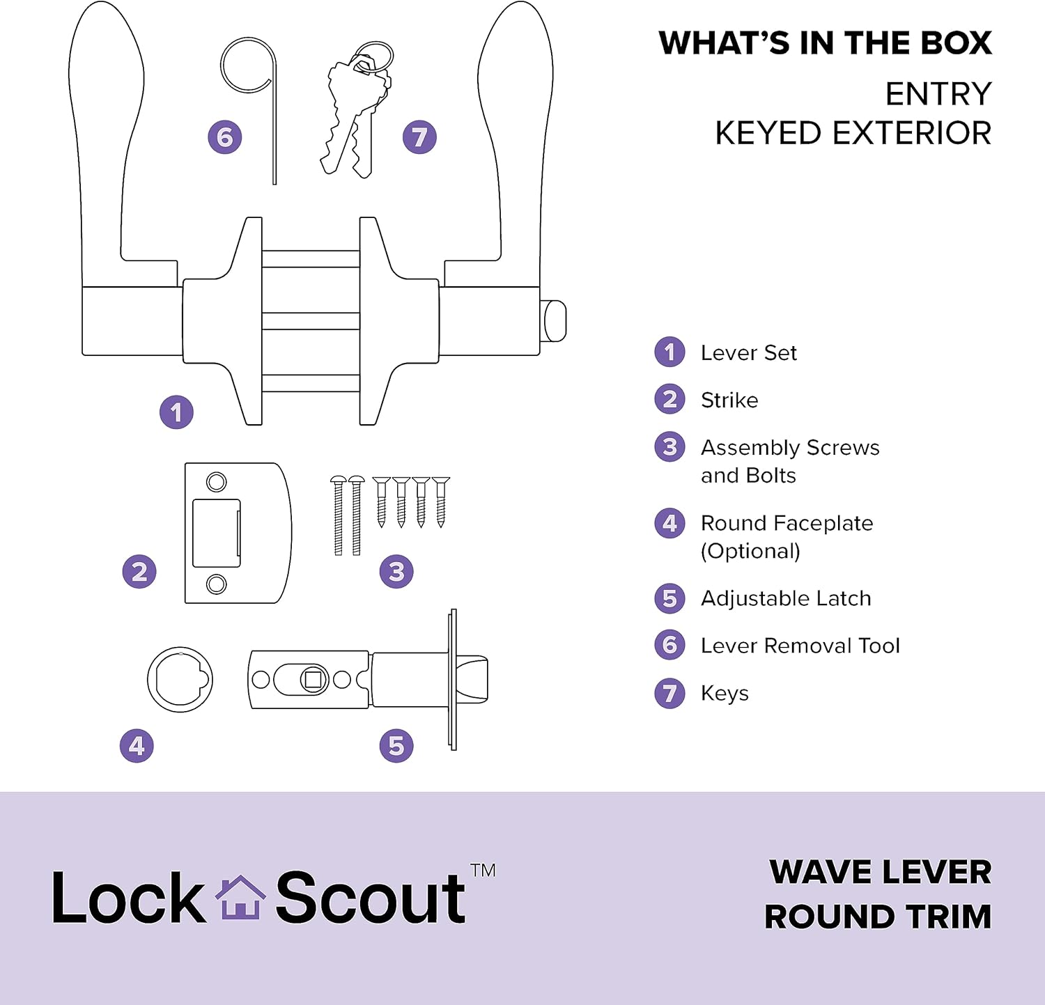 Satin Nickel Finish Keyed Entry Door Handle with Round Trim - Lock Scout Wave Lever