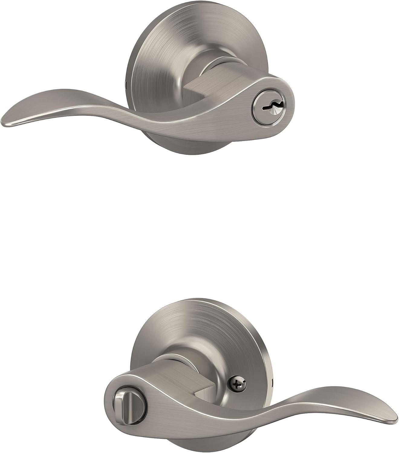 Satin Nickel Finish Keyed Entry Door Handle with Round Trim - Lock Scout Wave Lever