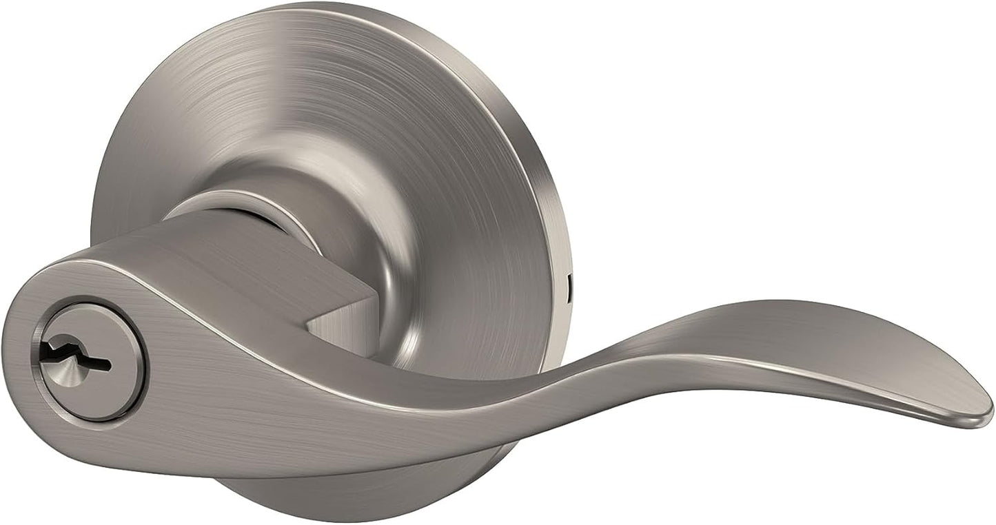 Satin Nickel Finish Keyed Entry Door Handle with Round Trim - Lock Scout Wave Lever