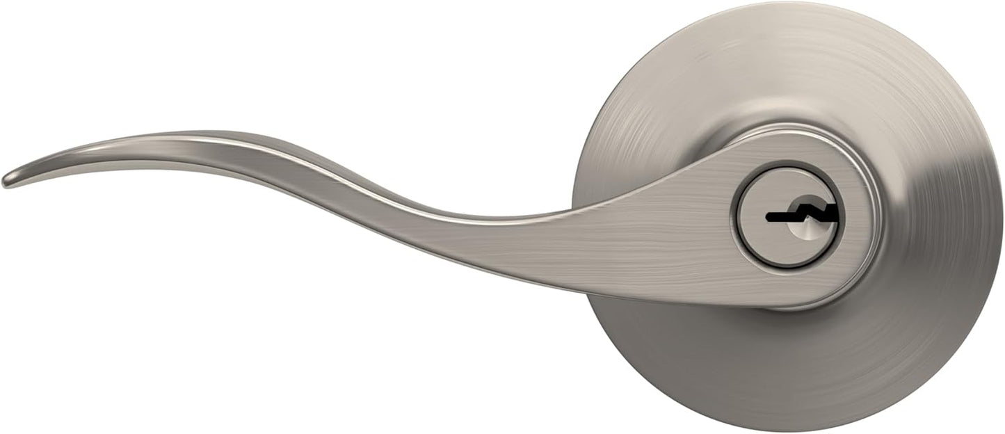 Satin Nickel Finish Keyed Entry Door Handle with Round Trim - Lock Scout Wave Lever