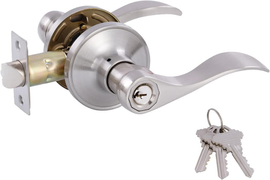 Satin Nickel Keyed Entry Door Levers for Left/Right Opened Doors with Lock and Keys - Front/Bedroom Handles