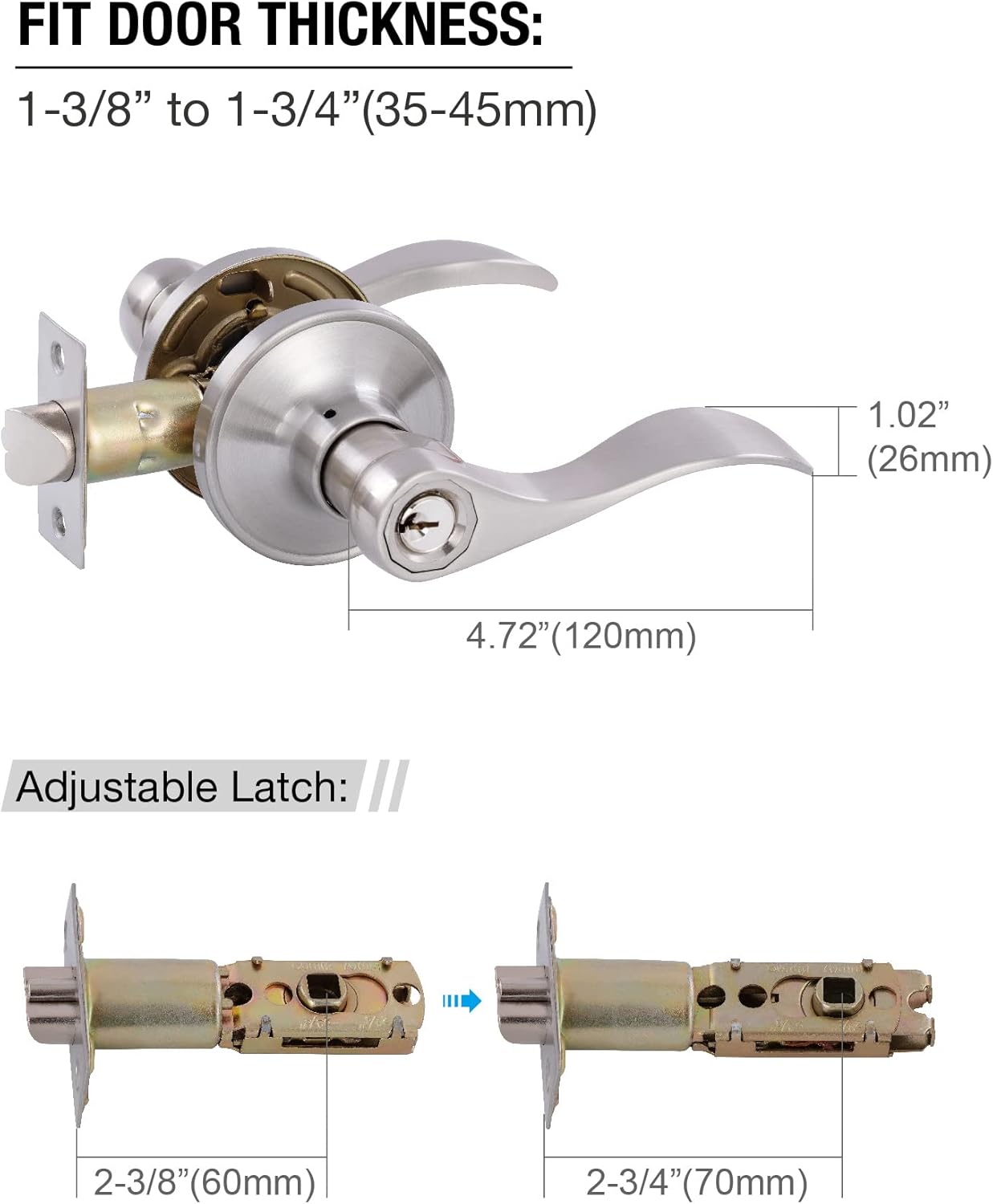 Satin Nickel Keyed Entry Door Levers for Left/Right Opened Doors with Lock and Keys - Front/Bedroom Handles