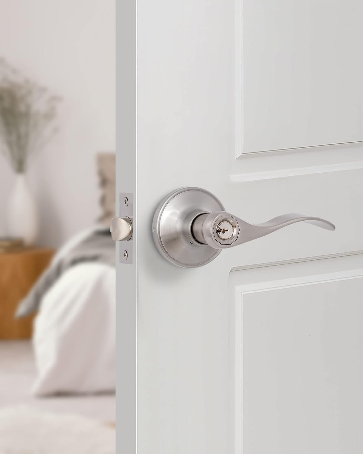 Satin Nickel Keyed Entry Door Levers for Left/Right Opened Doors with Lock and Keys - Front/Bedroom Handles