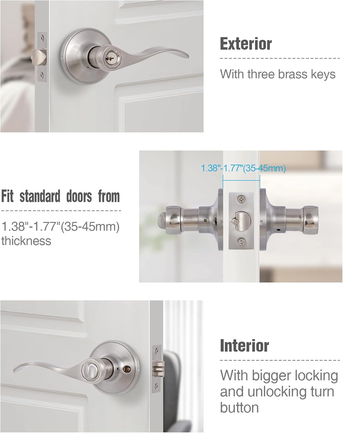Satin Nickel Keyed Entry Door Levers for Left/Right Opened Doors with Lock and Keys - Front/Bedroom Handles