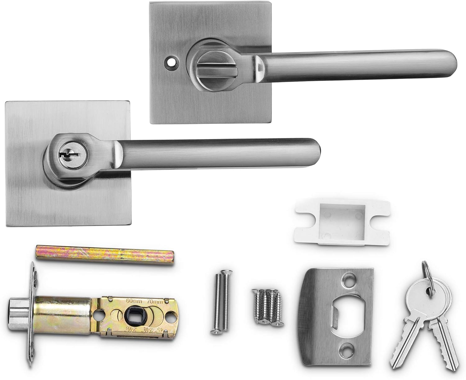 Satin Nickel Lever Door Handle Lock with Key Set for Front Door or Office