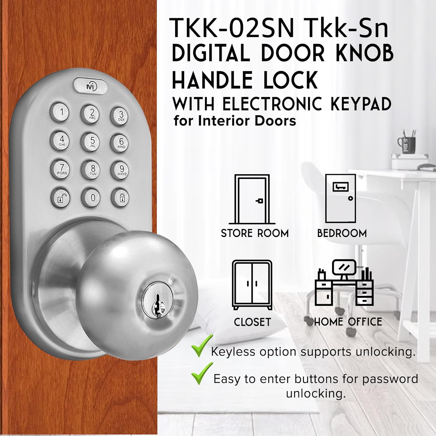 Satin Nickel MiLocks TKK-02SN Digital Door Knob Lock with Electronic Keypad - Keyless Security