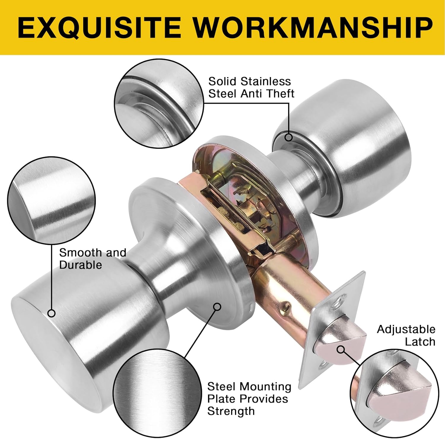 Satin Nickel Passage Door Knob for Hall & Closet - Single Pack Non-Locking Exterior Door Knob