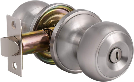 Satin Nickel Privacy Door Knob Set for Bed/Bathroom, Brushed Nickel Finish - Flat Ball Style, Keyless Entry - 1 Pack