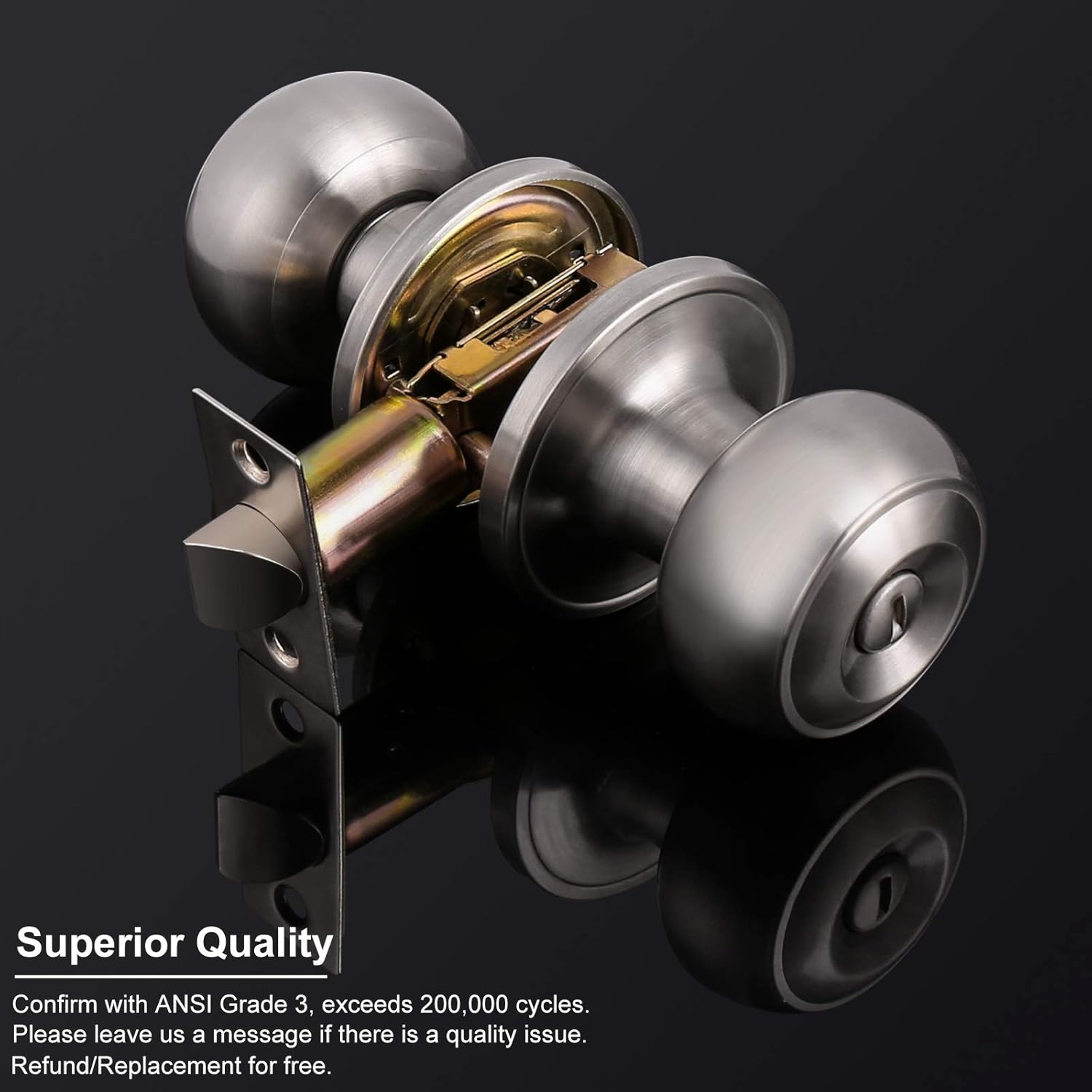 Satin Nickel Privacy Door Knob Set for Bed/Bathroom, Brushed Nickel Finish - Flat Ball Style, Keyless Entry - 1 Pack