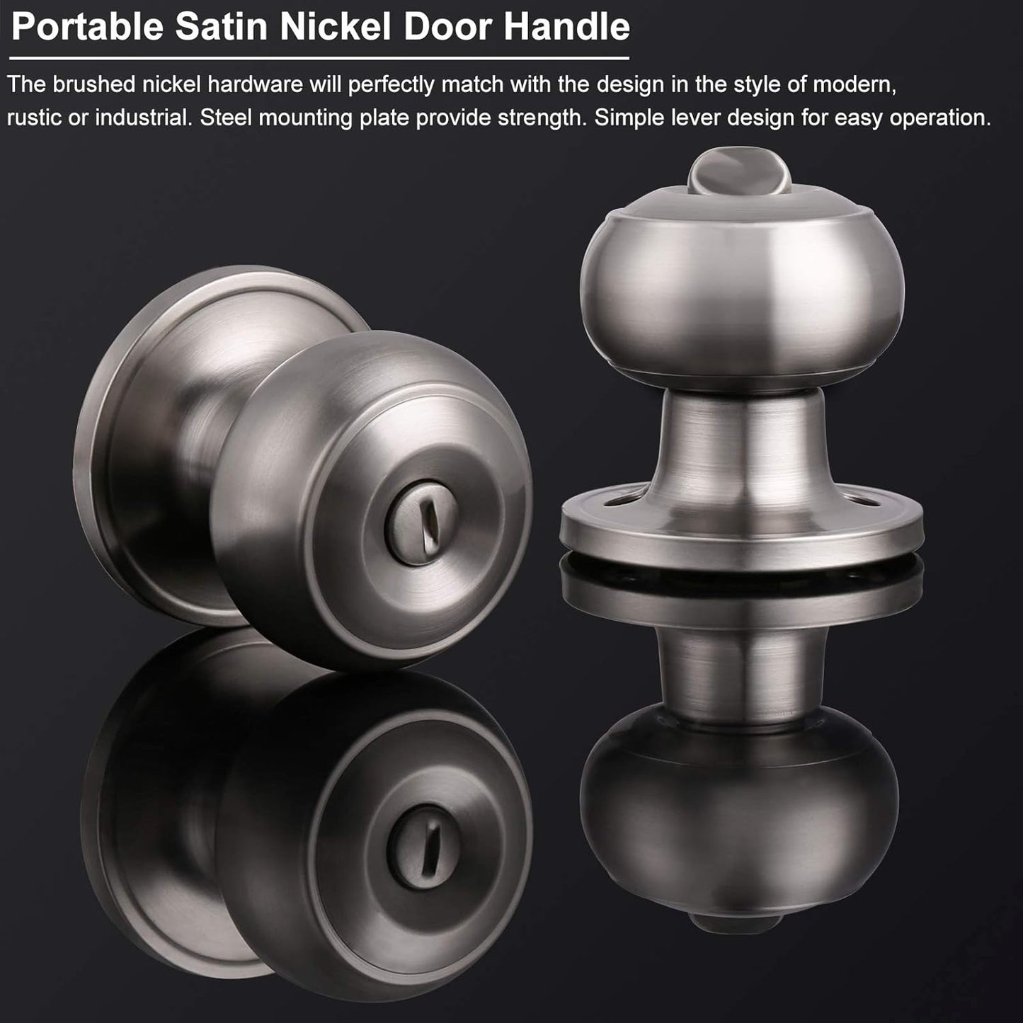 Satin Nickel Privacy Door Knob Set for Bed/Bathroom, Brushed Nickel Finish - Flat Ball Style, Keyless Entry - 1 Pack